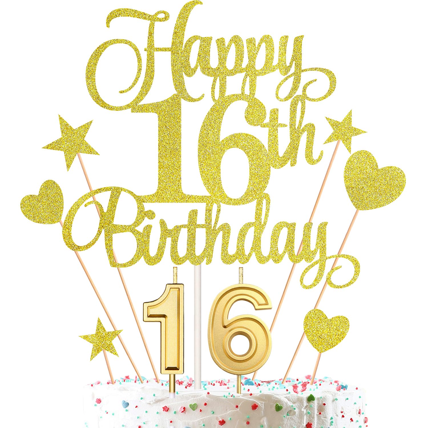 HOGRTi 16th Birthday Cake Decorations Set, Gold Series, Includes Cake Candles and Toppers for Birthday Party