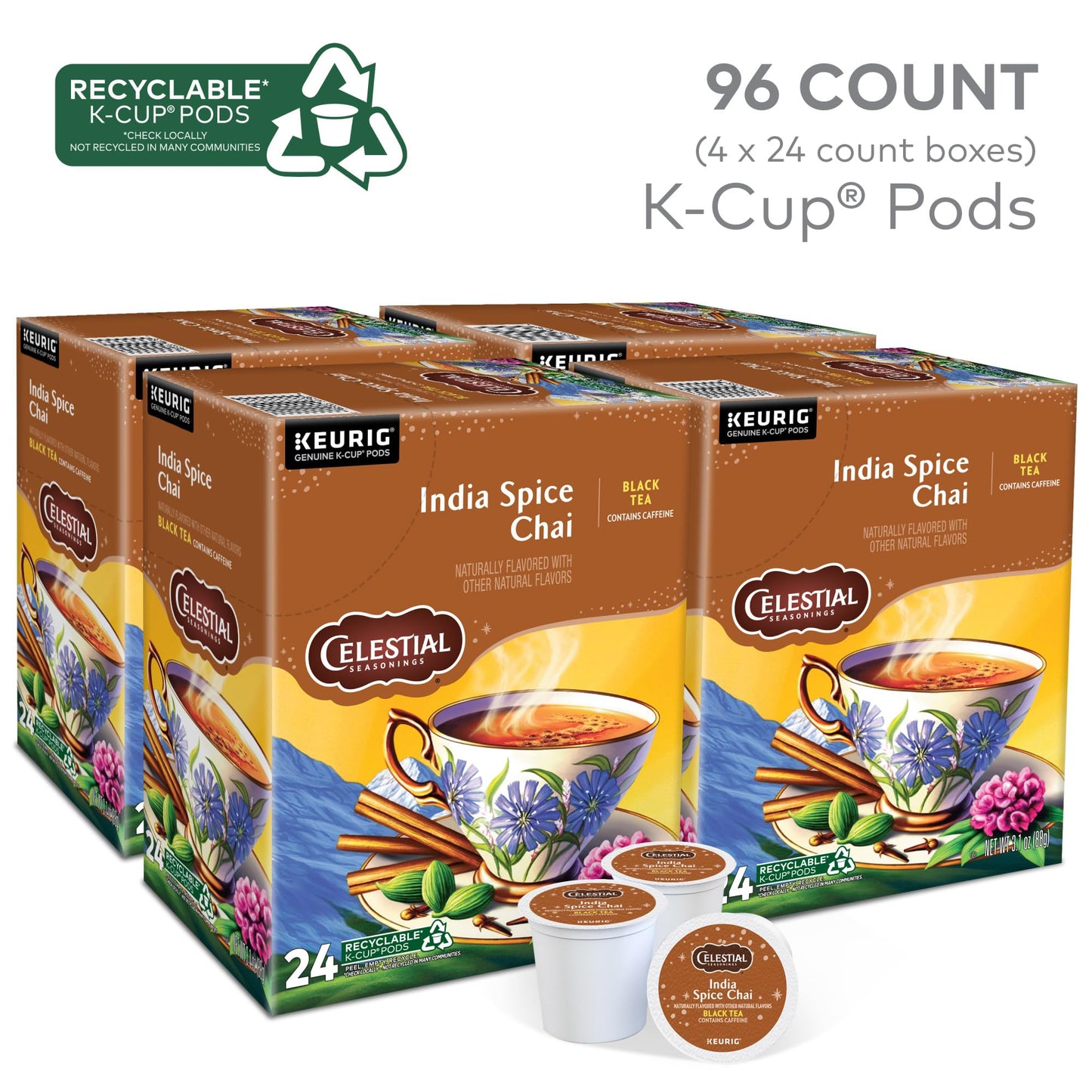 Celestial Seasonings India Spice Chai Black Tea, Single-Serve Keurig K-Cup Pods, 96 Count