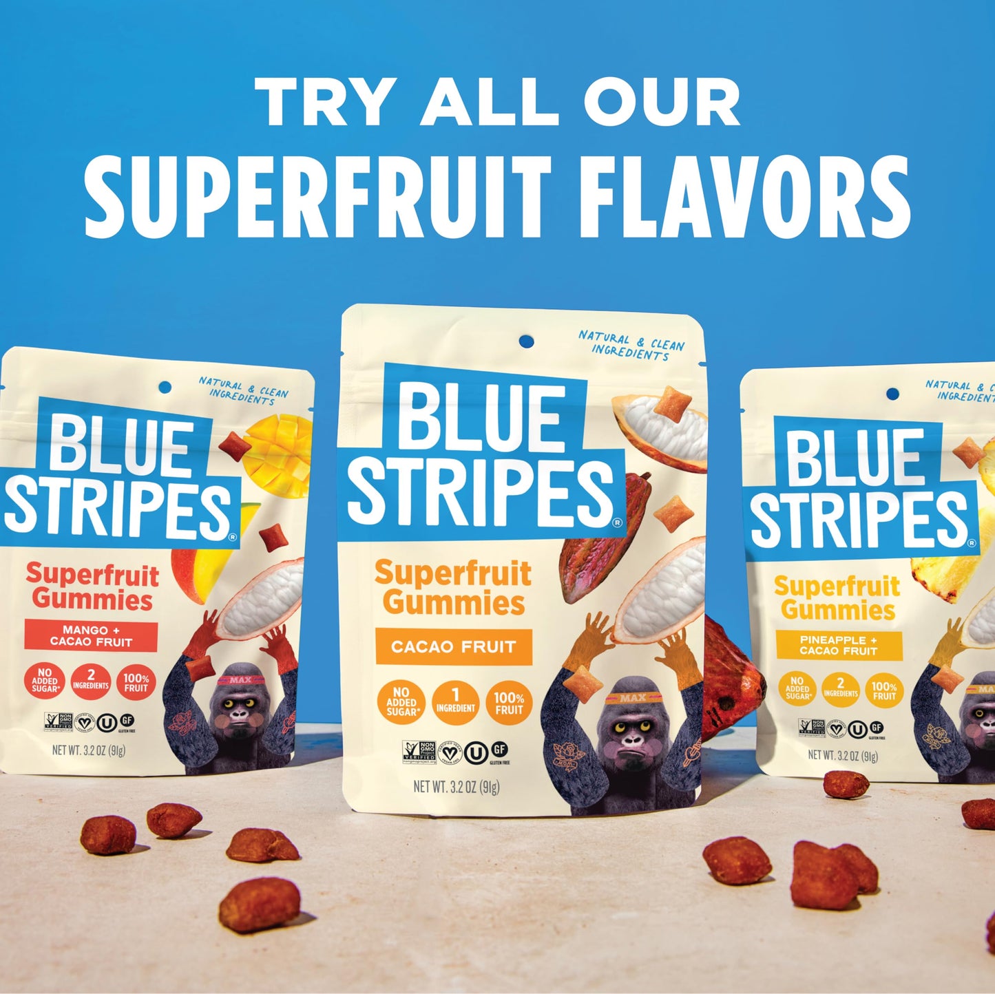 Blue Stripes Cacao Superfruit Gummies - Vegan Chewy Fruity Snack, No Sugar Added 100% Fruit Gummy, 9 Essential Vitamins & Minera