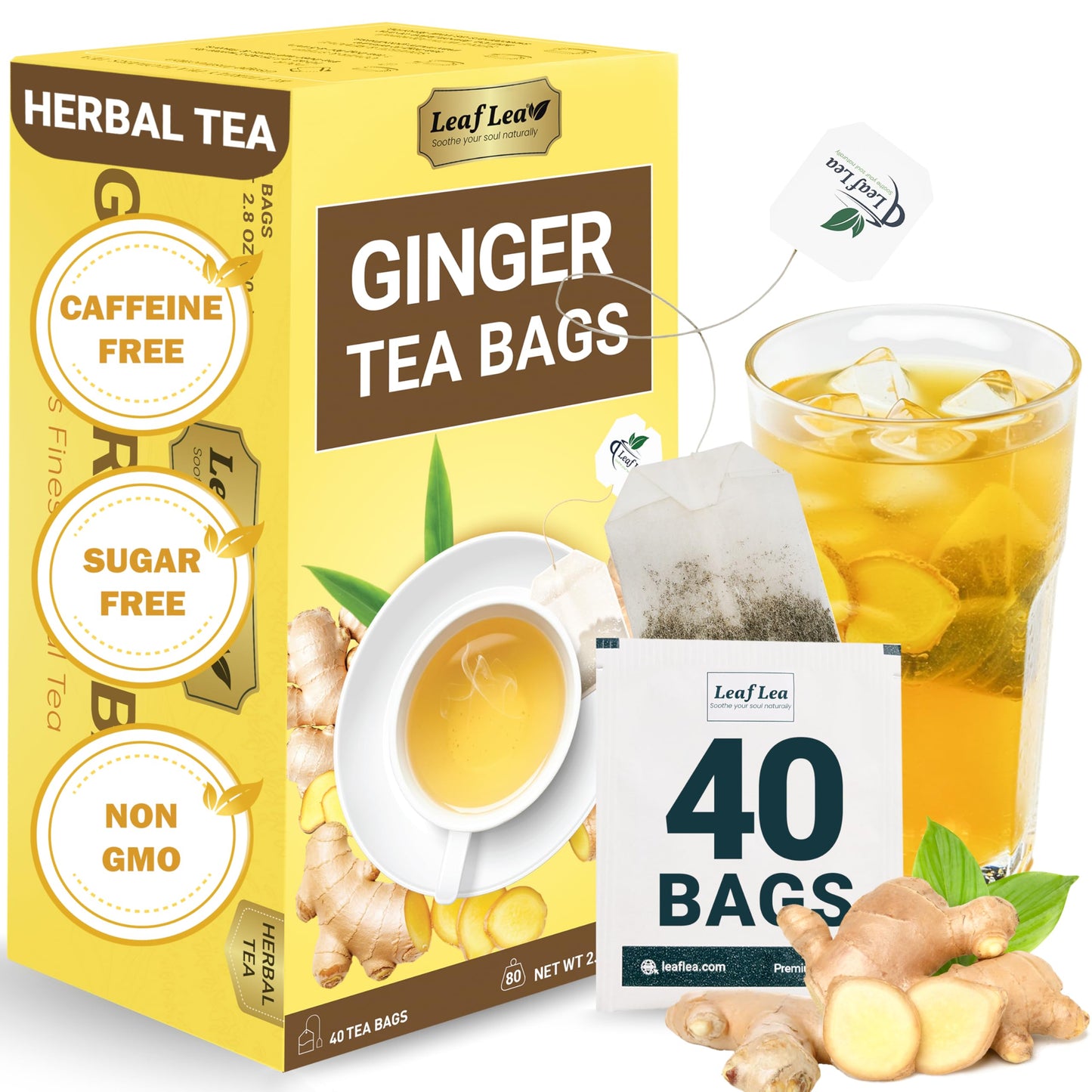 LeafLea Ginger Tea Bags, 100% Pure & Natural, Caffeine Free, Vegan, 40 Bags