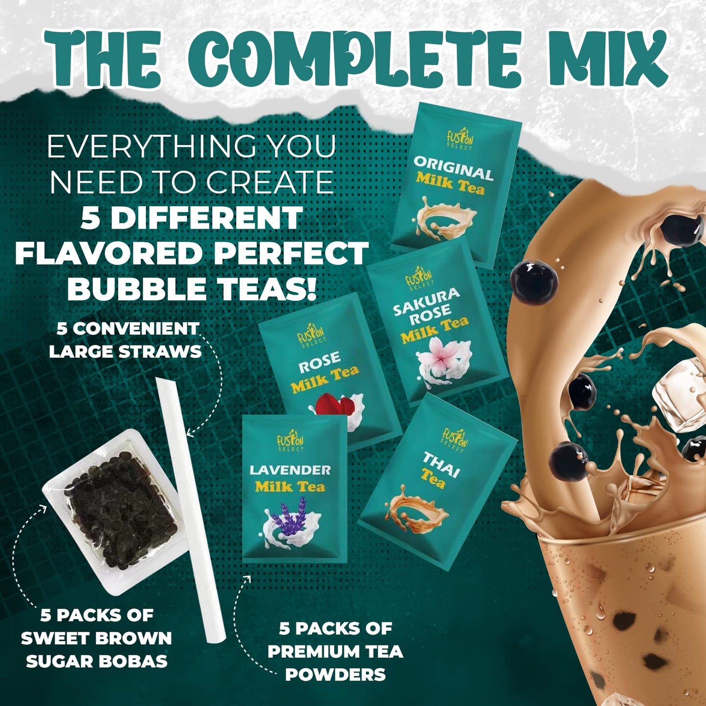 Fusion Select 5 Packs Authentic Tea Flavors Sakura, Lavender, Rose, Thai Tea, Original Milk Tea Boba Tea Kit Extra Rich Flavor B