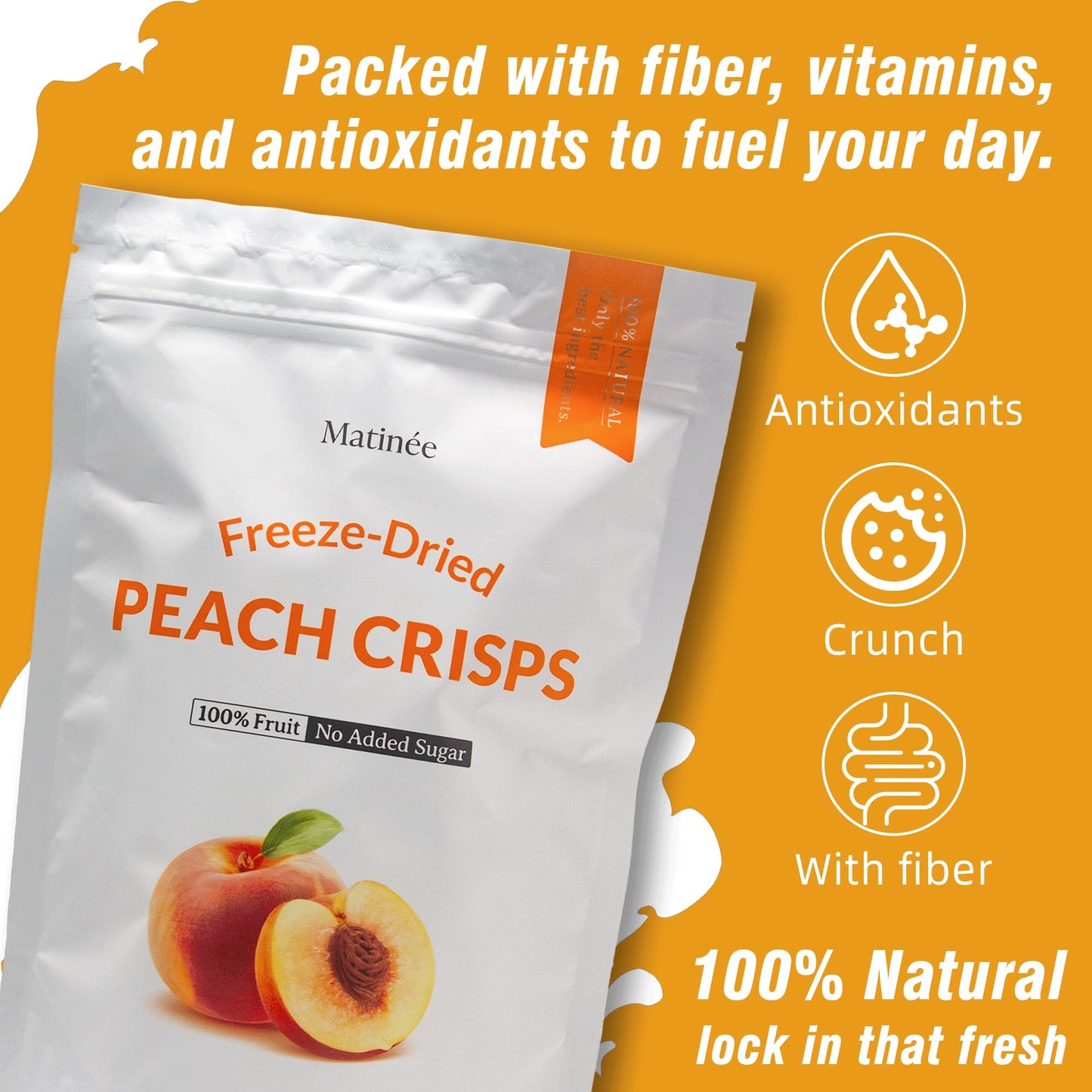 MATINÉE Freeze Dried Peaches, Dehydrated Fruit Snack, Vegan, Non-GMO, Preservative Free, 1.2oz, Pack of 4