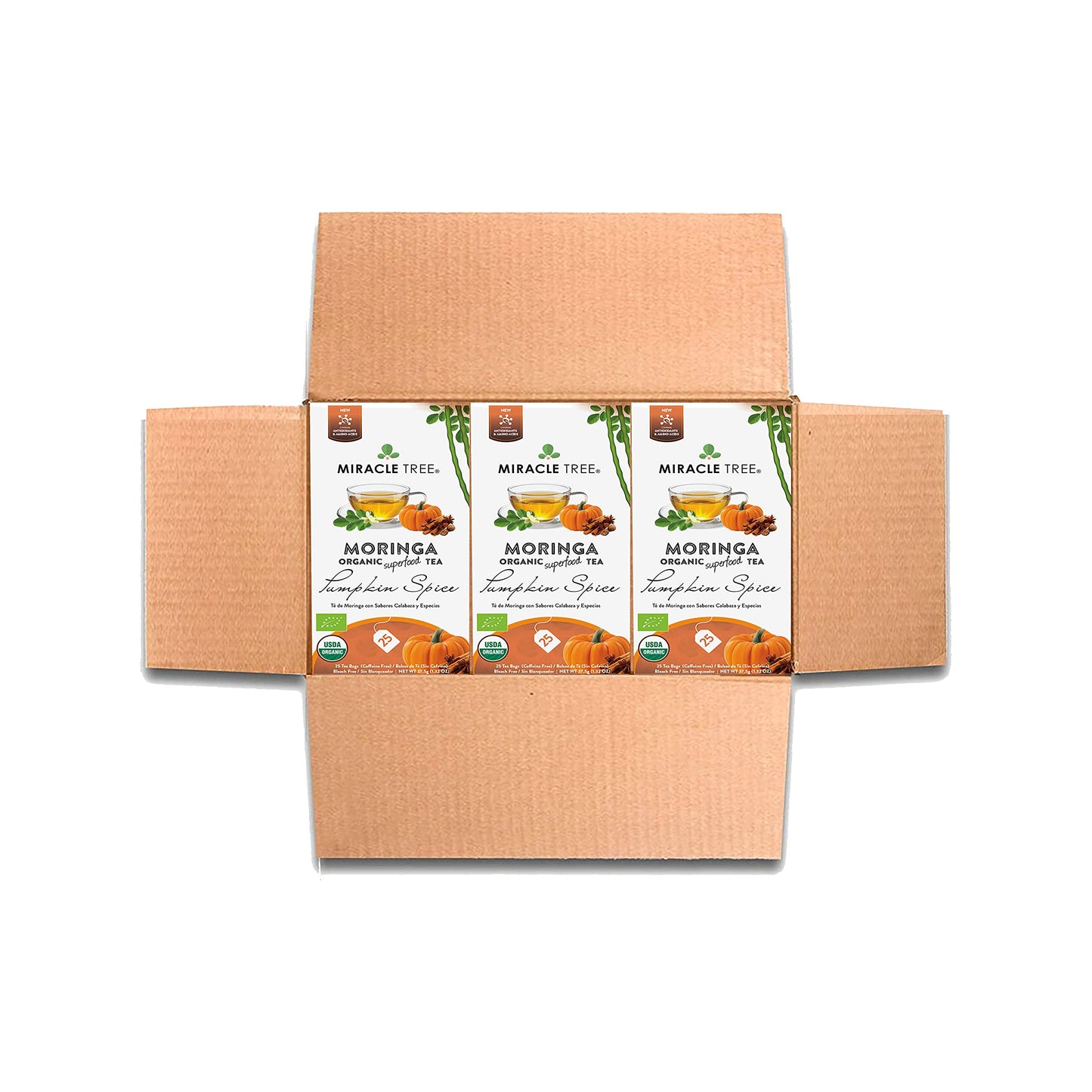 Miracle Tree Organic Moringa Superfood Tea, Pumpkin Spice, 25 Individually Sealed Bags, 3 Packs, Vegan, Gluten-Free, Caffeine-Free