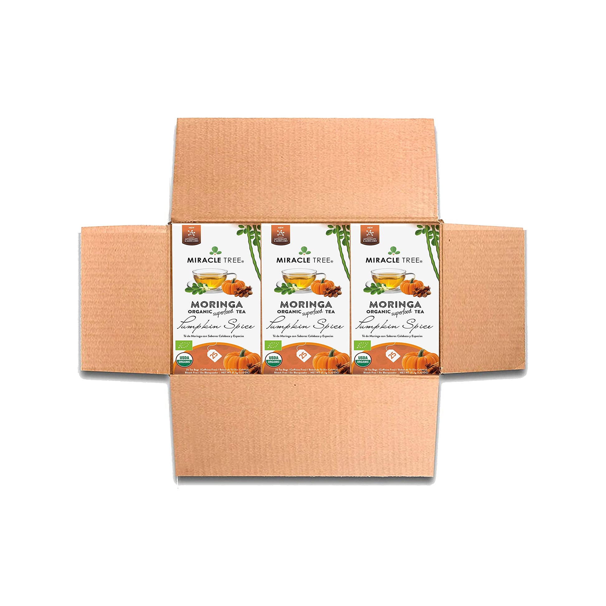 Miracle Tree Organic Moringa Superfood Tea, Pumpkin Spice, 25 Individually Sealed Bags, 3 Packs, Vegan, Gluten-Free, Caffeine-Free