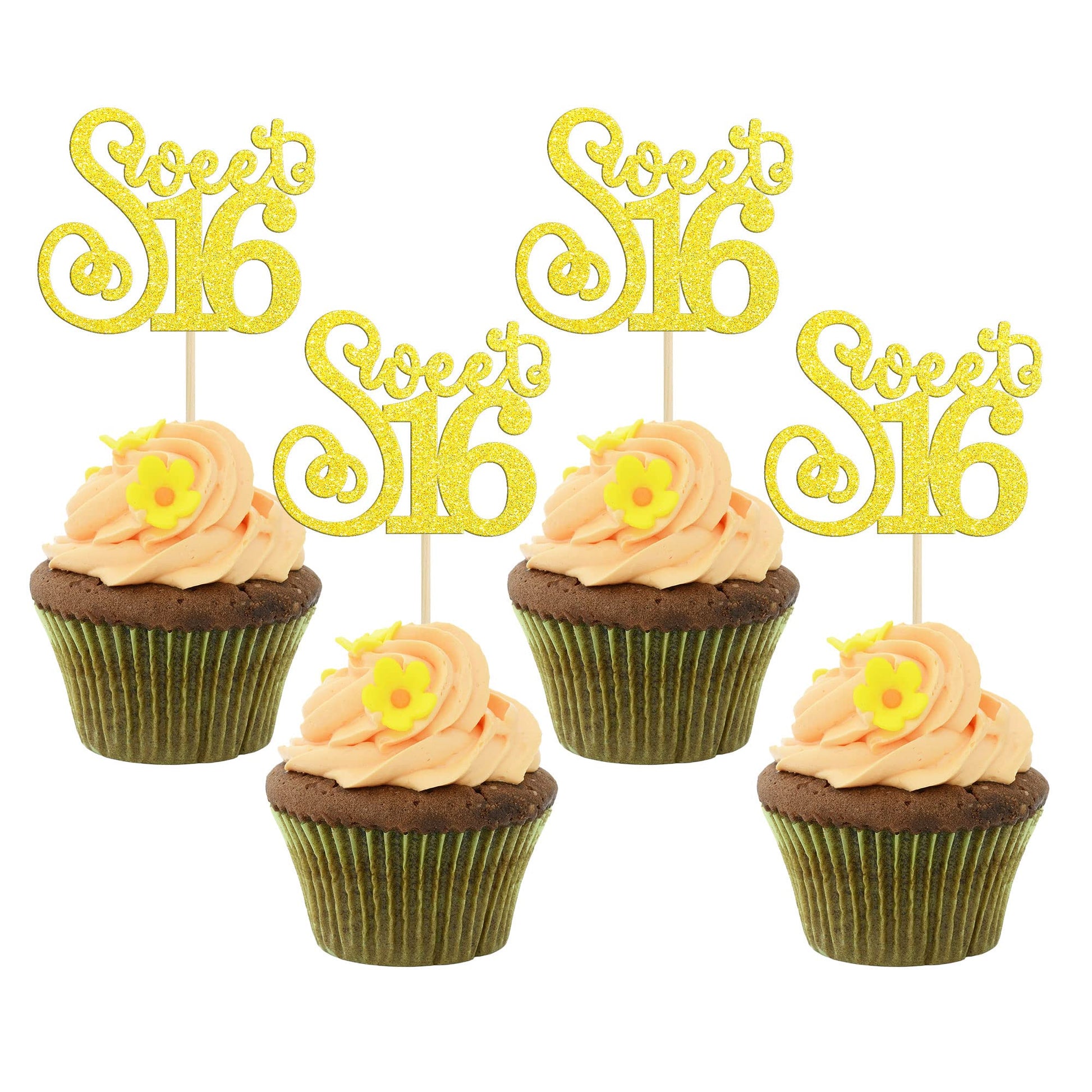 Gyufise 24 Pack Cupcake Toppers, Glitter Sixteen Happy Sweet 16 Decorations, Multi Gold, Model ZN0475-4-LG