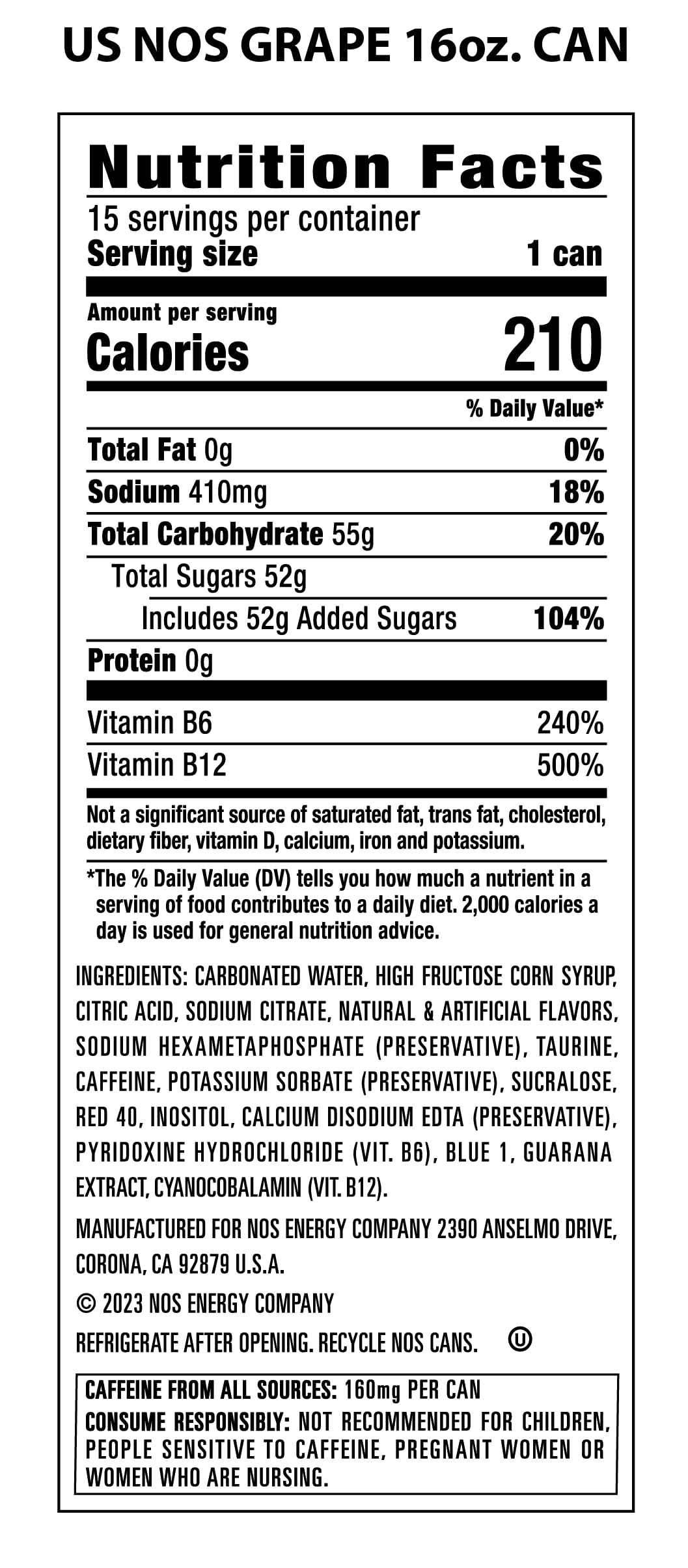 NOS GT Grape Energy Drink, 16 Fl oz, High Performance, 15 Pack - Boost Your Energy with NOS!