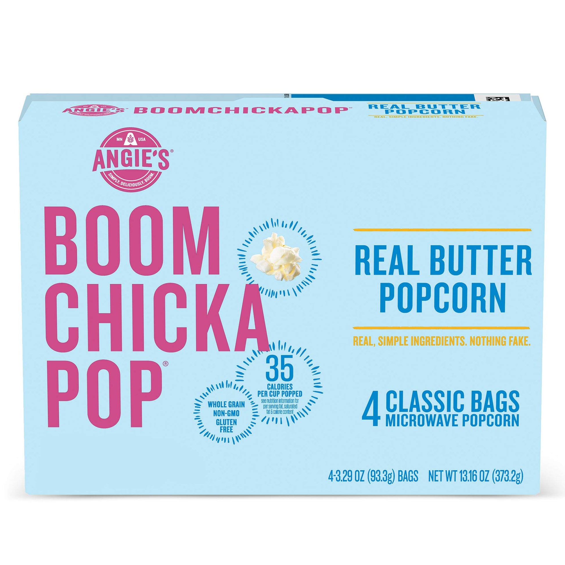 Angies BOOMCHICKAPOP Real Butter Microwave Popcorn, 3.29 oz. Classic Bags 4-Count (Pack of 6)
