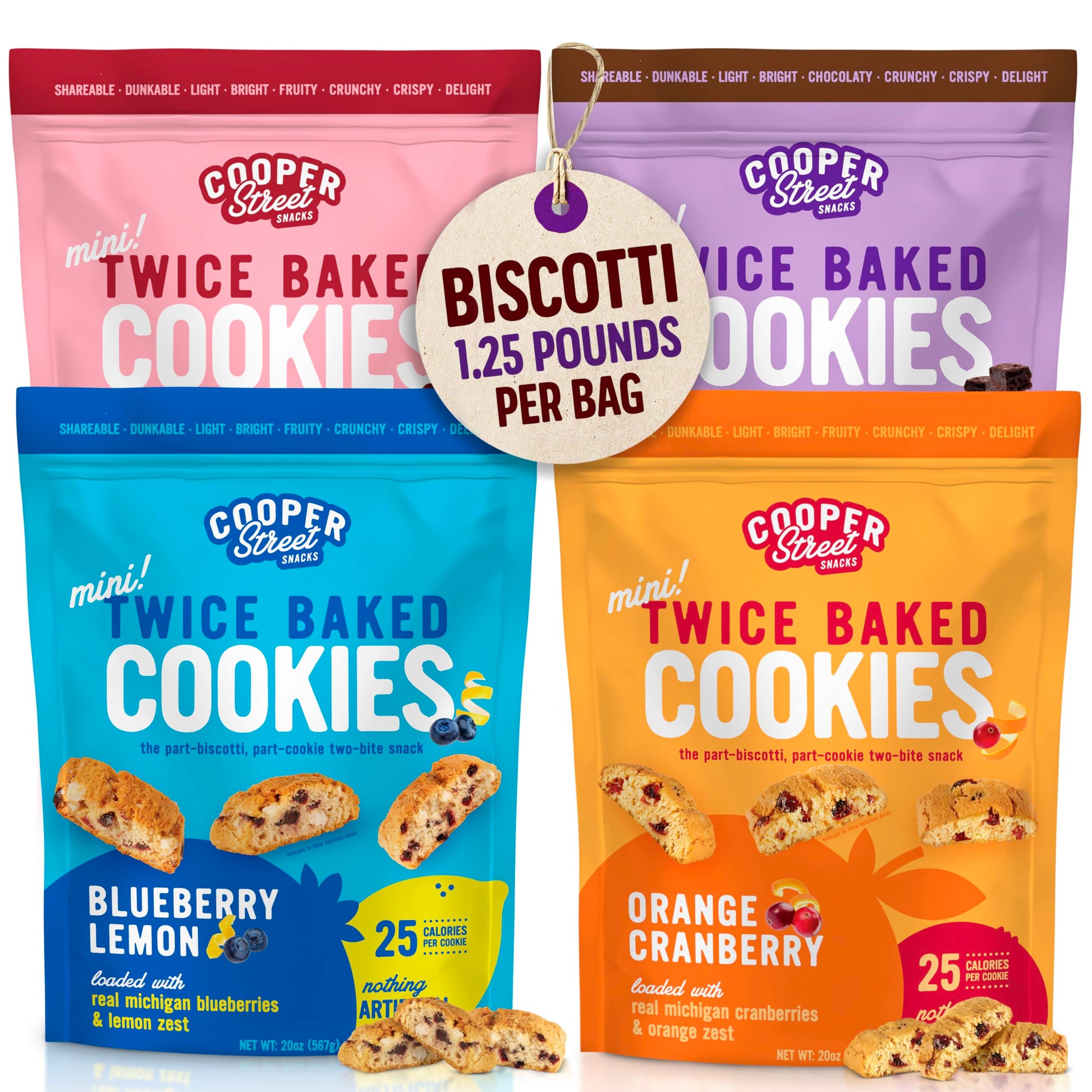 COOPER STREET Twice Baked Biscotti Cookies Variety Pack - 1.25 lbs (4 Pack) - Peanut & Dairy Free, Low Sodium Snack