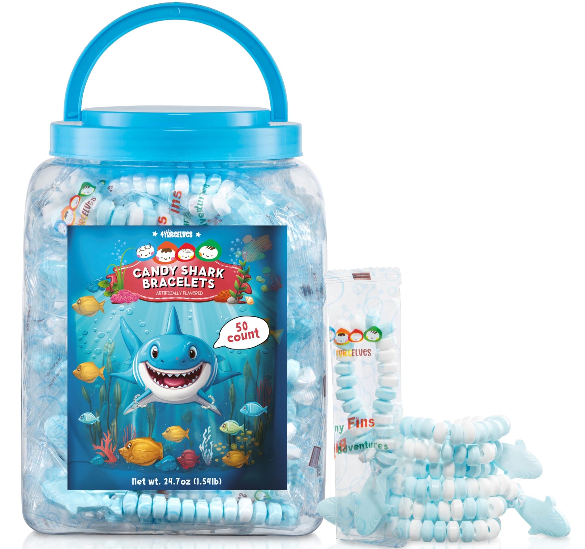4YoreElves Shark Candy Bracelets, Bulk Pack of 50, Individually Wrapped, 12.9 x 12.6 x 17.5 cm, Cool Blue, Party F