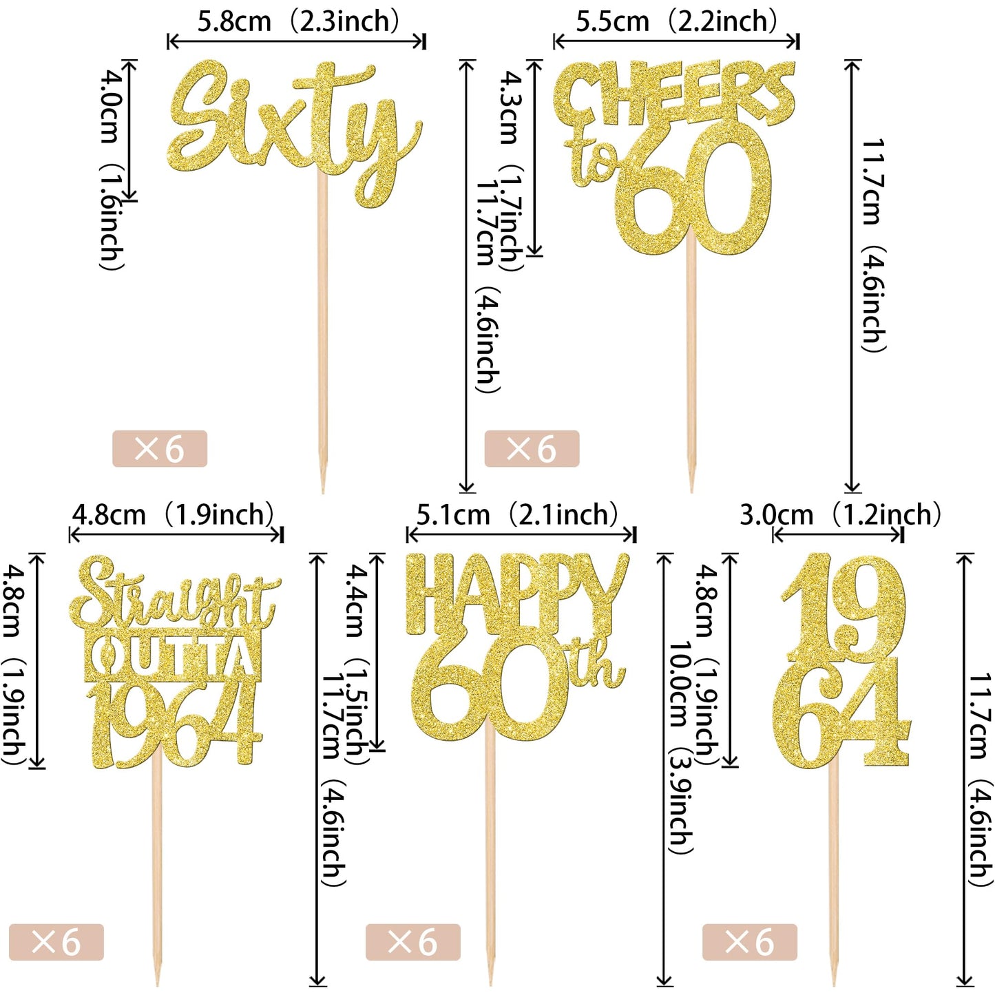 ZHUOWEISM 30PCS Cupcake Toppers Gold Glitter Sixty Birthday Picks for 60th Anniversary Party Decorations