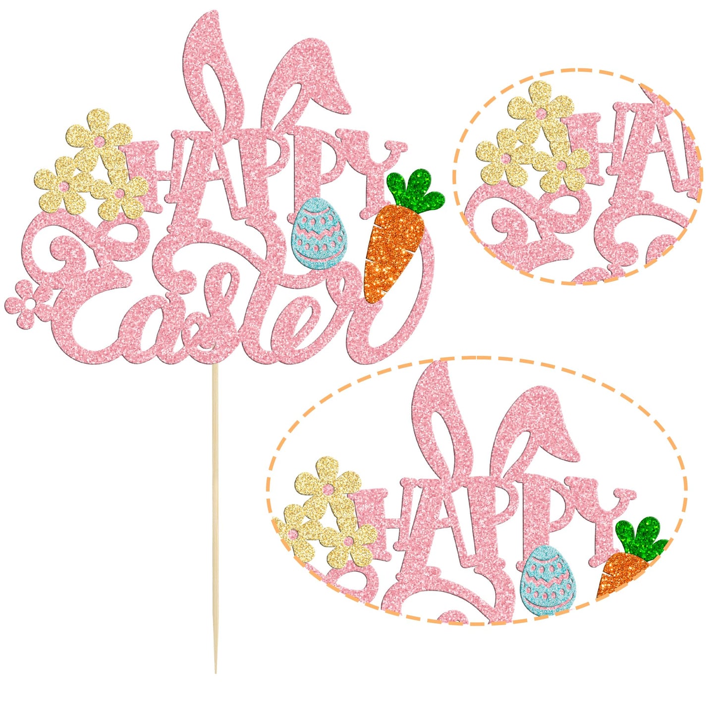Gyufise Happy Easter Cake Topper, Glitter Bunny Ear Decoration, Pink, Model ZN0317-7-P