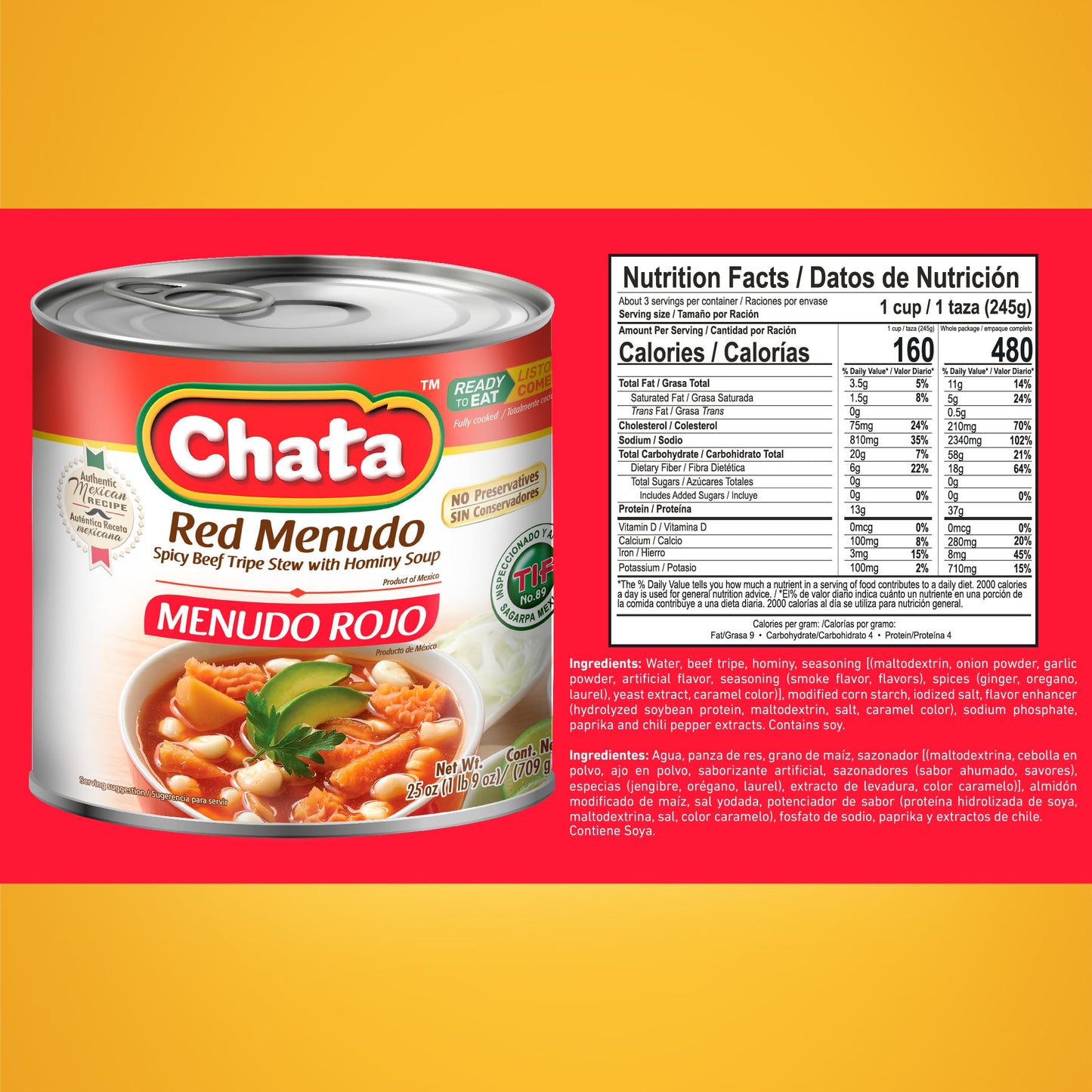 Chata Red Menudo  Beef beef belly Stew with Hominy Corn  25 oz Can  Pack of 3