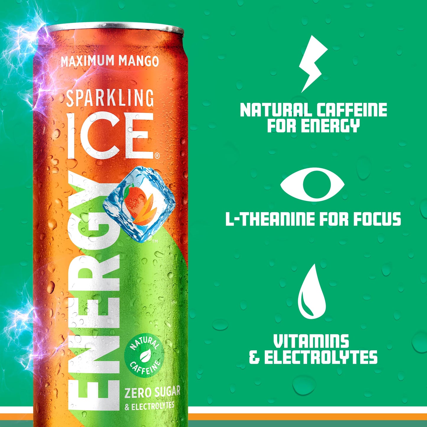 Sparkling Ice Energy Drinks, Maximum Mango, Zero Sugar, 12 Fl Oz Cans, Pack of 12