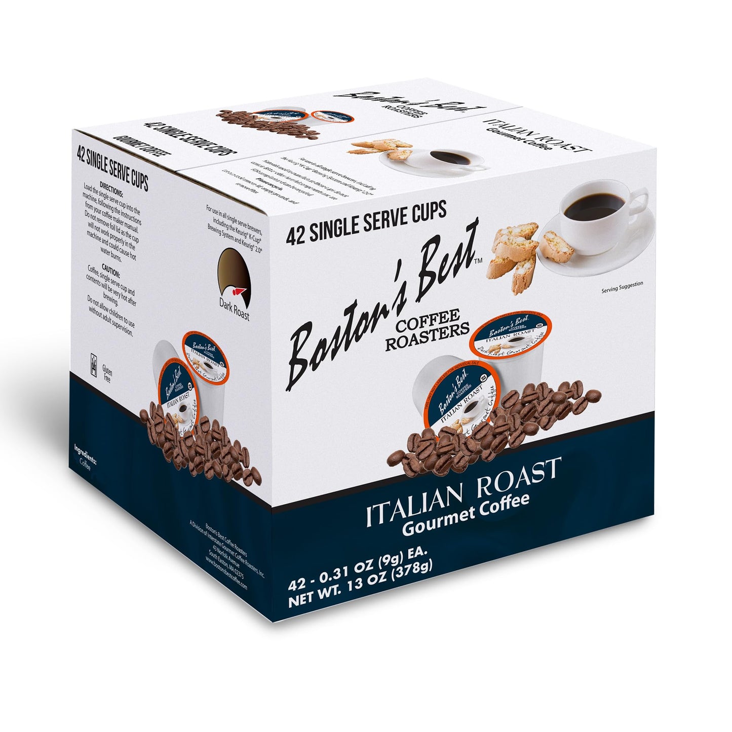 Bostons Best Italian Roast Gourmet Coffee, Dark Roast, 42 Single Serve Cups, Compatible with Keurig, Model 017809009875