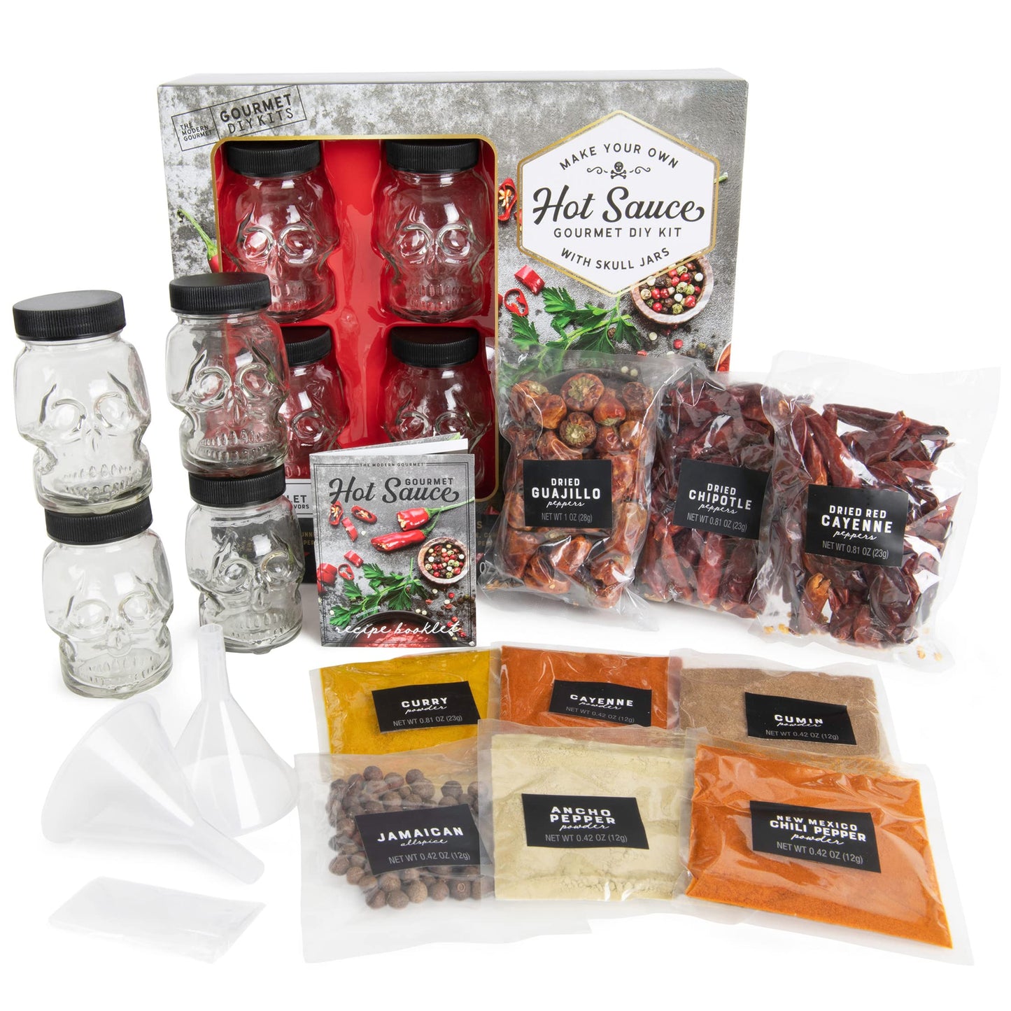 The Good Hurt Fuego by Thoughtfully, DIY Hot Sauce Set, Hot Sauce Making Kit Includes 4 Skull Shaped Reusable Glass Jars, 2 Funn