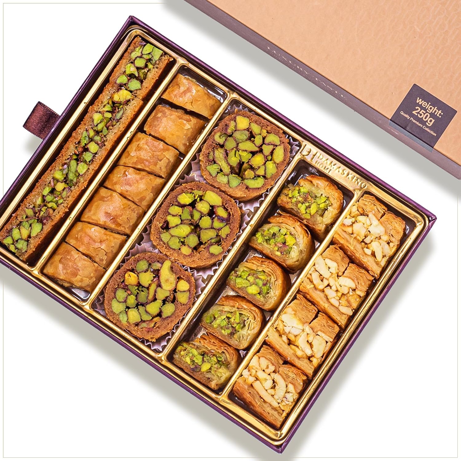Damaskino Home Assorted Baklava Gift Box 10.5Oz – 25 Pieces Of Pistachio & Cashew Turkish Baklava Pastry Dessert – Traditional Middle Eastern Sweets - Arabic Dessert Food Gifts - Dulces Arabes