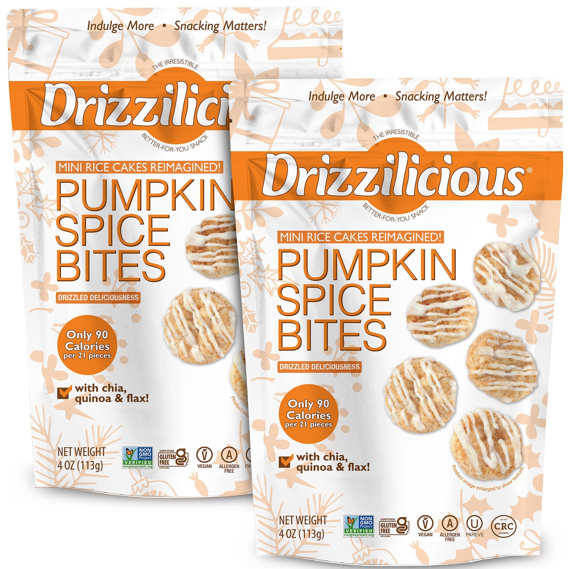 Drizzilicious Mini Rice Cakes - Rice Crisps, Healthy Snack For Mature-Themeds And Kids, Flavored Rice Cakes, Vegan, Gluten Free, Only 90 Calories Per Serving - Pumpkin Spice, 4 Oz (Pack Of 2)