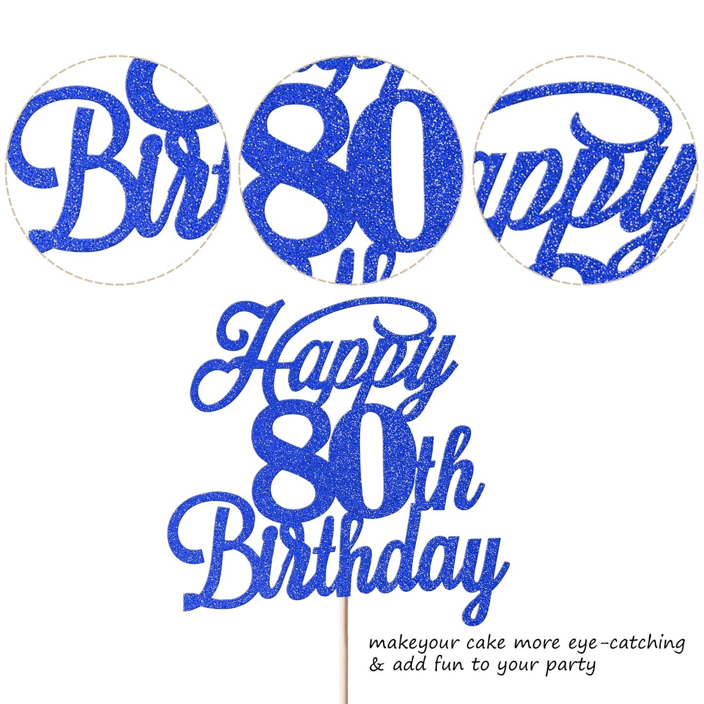 Rssta i 80th Birthday Cake Topper, Glitter Design, Deep Blue, Paper Material, Model XM224-Deep Blue
