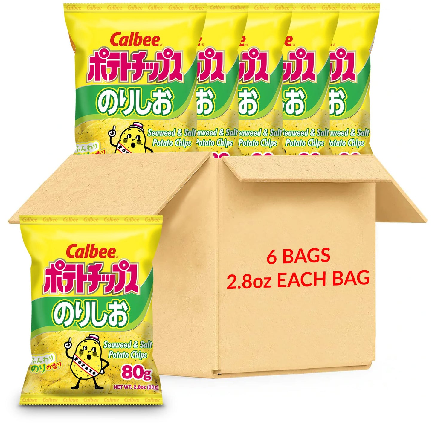 Calbee Potato Chips, Seaweed & Salt, 6 Pack, 16.8 Ounce, Irresistible Crunchy Japanese Snacks