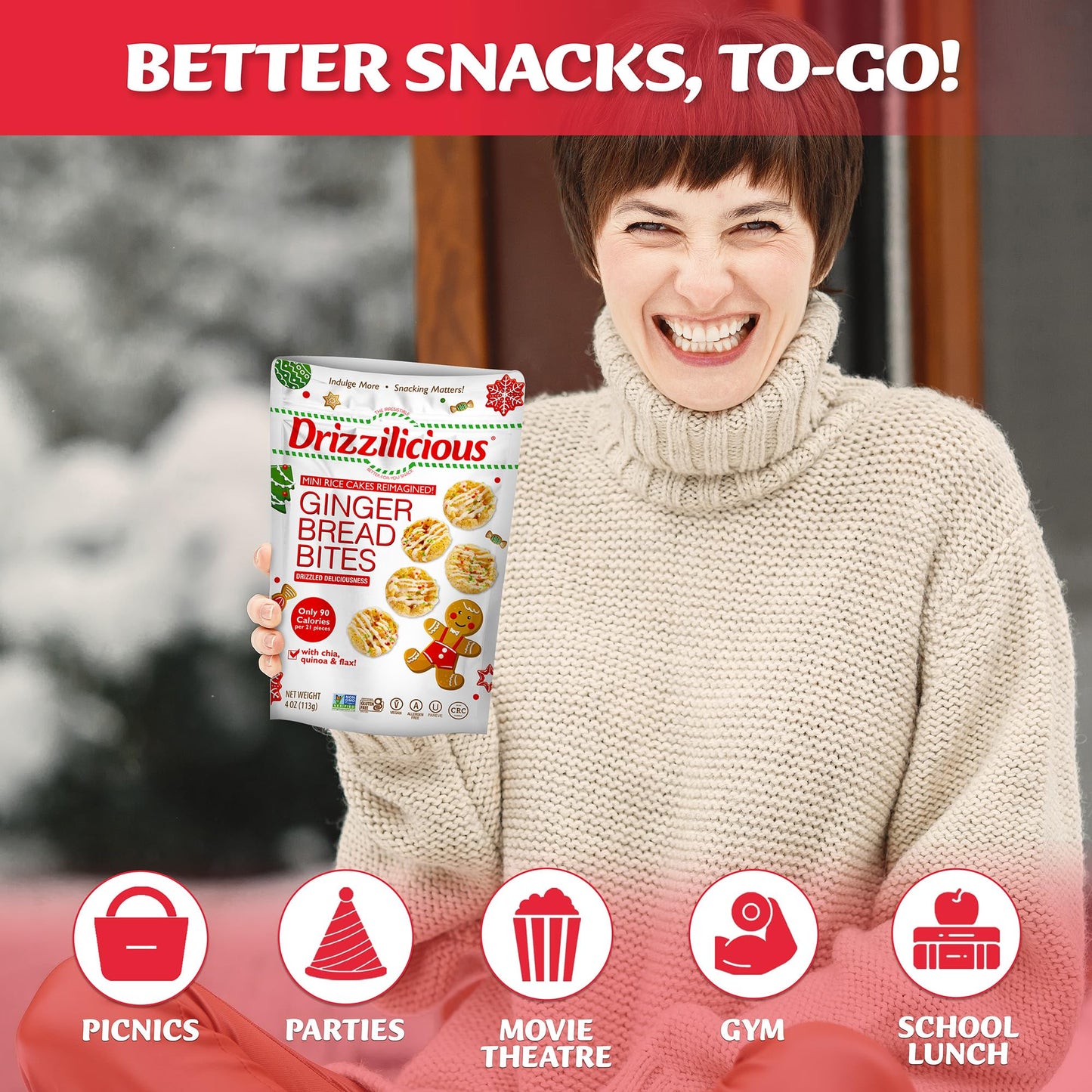 Drizzilicious Mini Rice Cakes - Rice Crisps, Healthy Snack For Mature-Themeds And Kids, Flavored Rice Cakes, Vegan, Gluten Free, Only 90 Calories Per Serving - Gingerbread, 4 Oz (Pack Of 2)