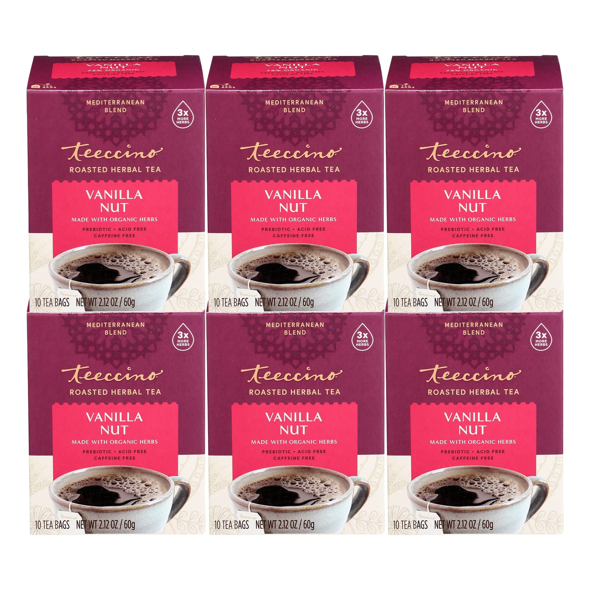 Teeccino Vanilla Nut Herbal Tea - Caffeine-Free, Prebiotic, 10 Bags (Pack of 6)