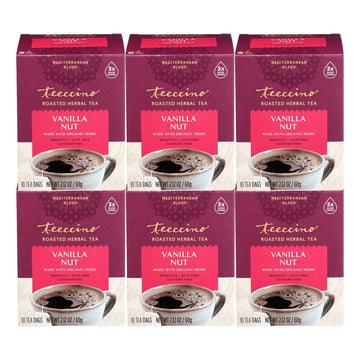 Teeccino Vanilla Nut Herbal Tea - Caffeine-Free, Prebiotic, 10 Bags (Pack of 6)