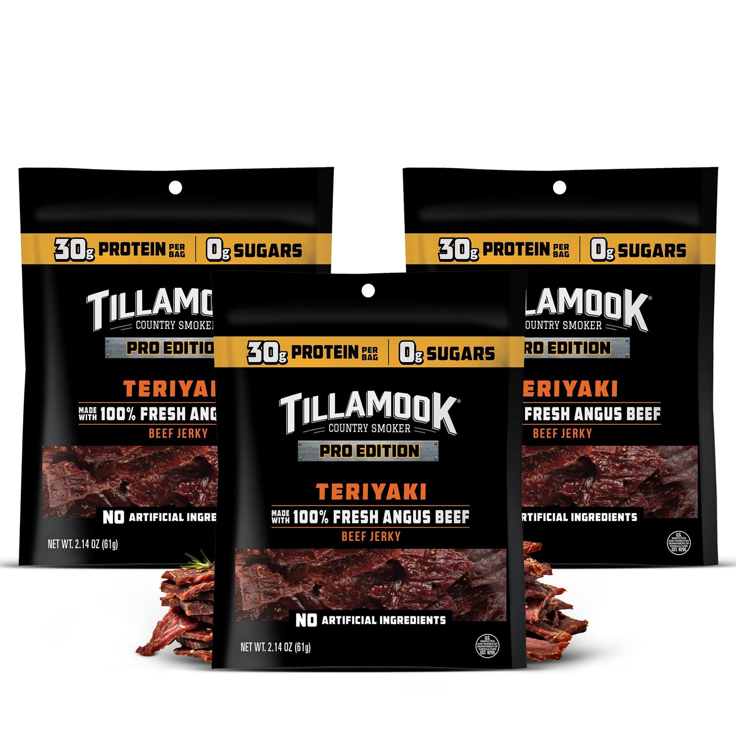 TILLAMOOK COUNTRY SMOKER Beef Jerky, Zero Sugar Teriyaki, 2.14 Oz (3 Pack), Low Carb, High Protein, Gluten Free Snack