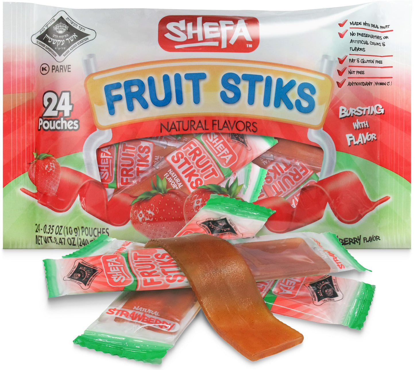 Shefa Strawberry Fruit Sticks, (24 Count) | Real Fruit Snacks | Individually Wrapped | Free of Artificial Colors, Dyes or Flavor