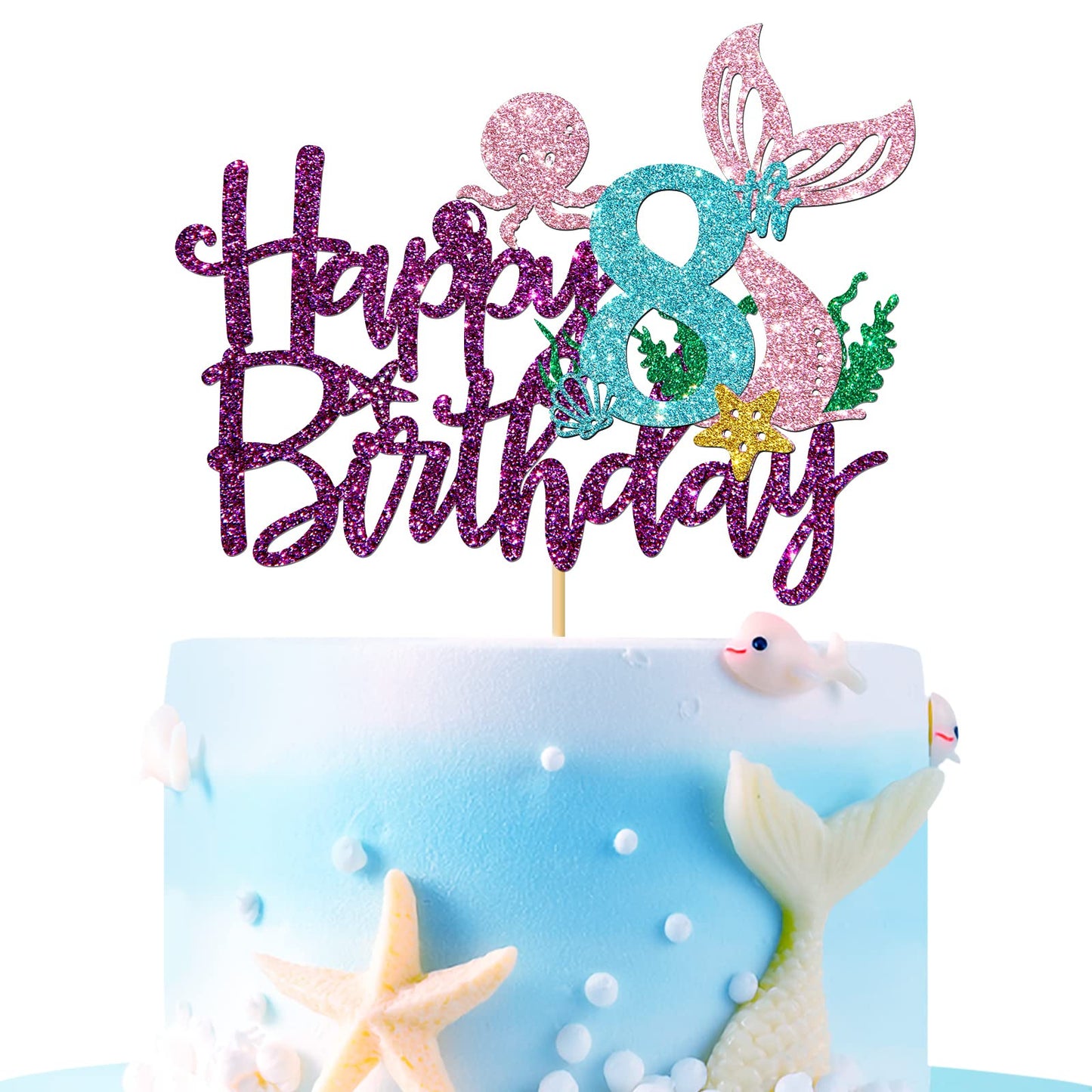 Roadsea Mermaid Happy 8Th Brithday Cake Topper - Under The Sea Theme Girl Kid Night Birthday Cake Supplies/Ocean World 8Th Merma