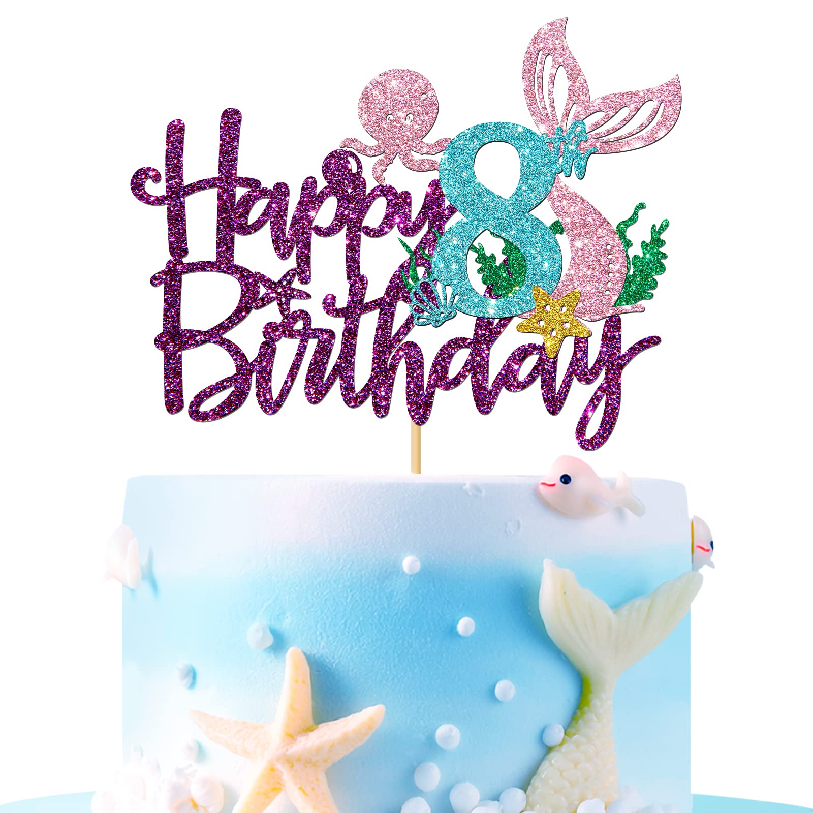 Roadsea Mermaid Happy 8Th Brithday Cake Topper - Under The Sea Theme Girl Kid Night Birthday Cake Supplies/Ocean World 8Th Merma