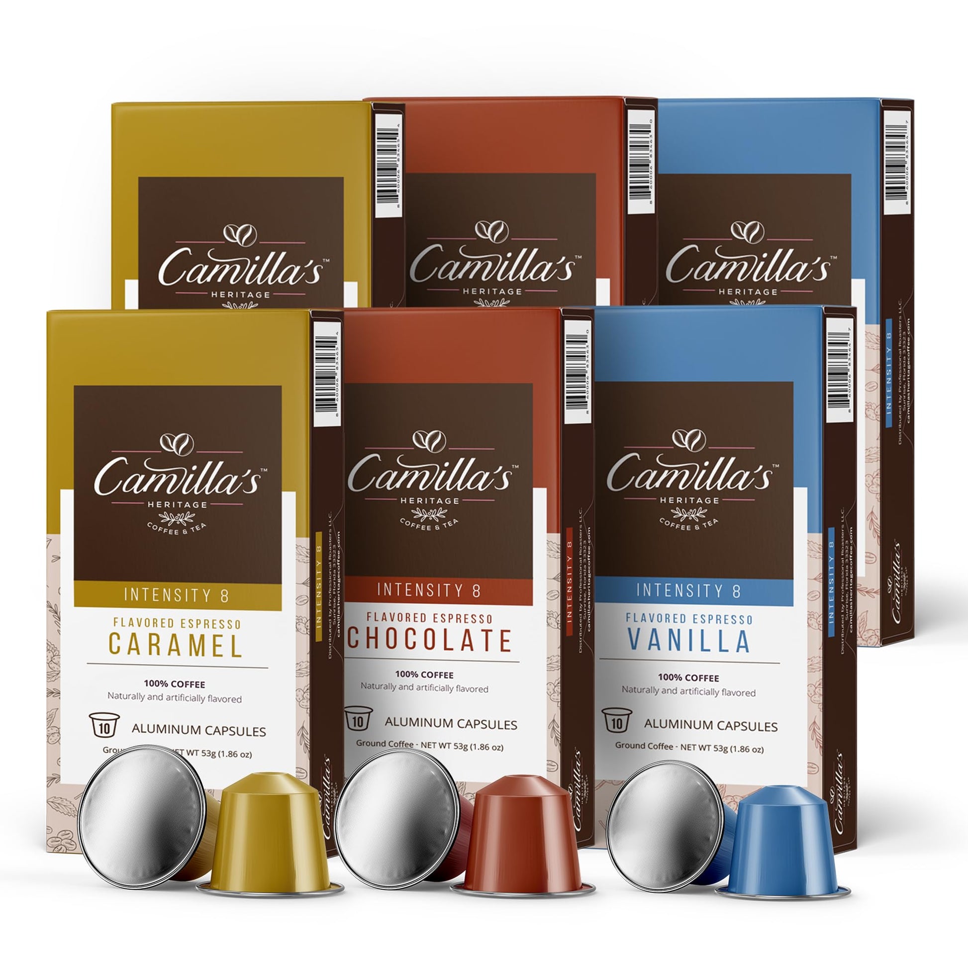 Camillas Heritage - Intensity 8 Flavored Espresso Coffee Variety Pack (Gourmet Chocolate  Vanilla & Caramel Espresso Cups) 60 Coffee Pods