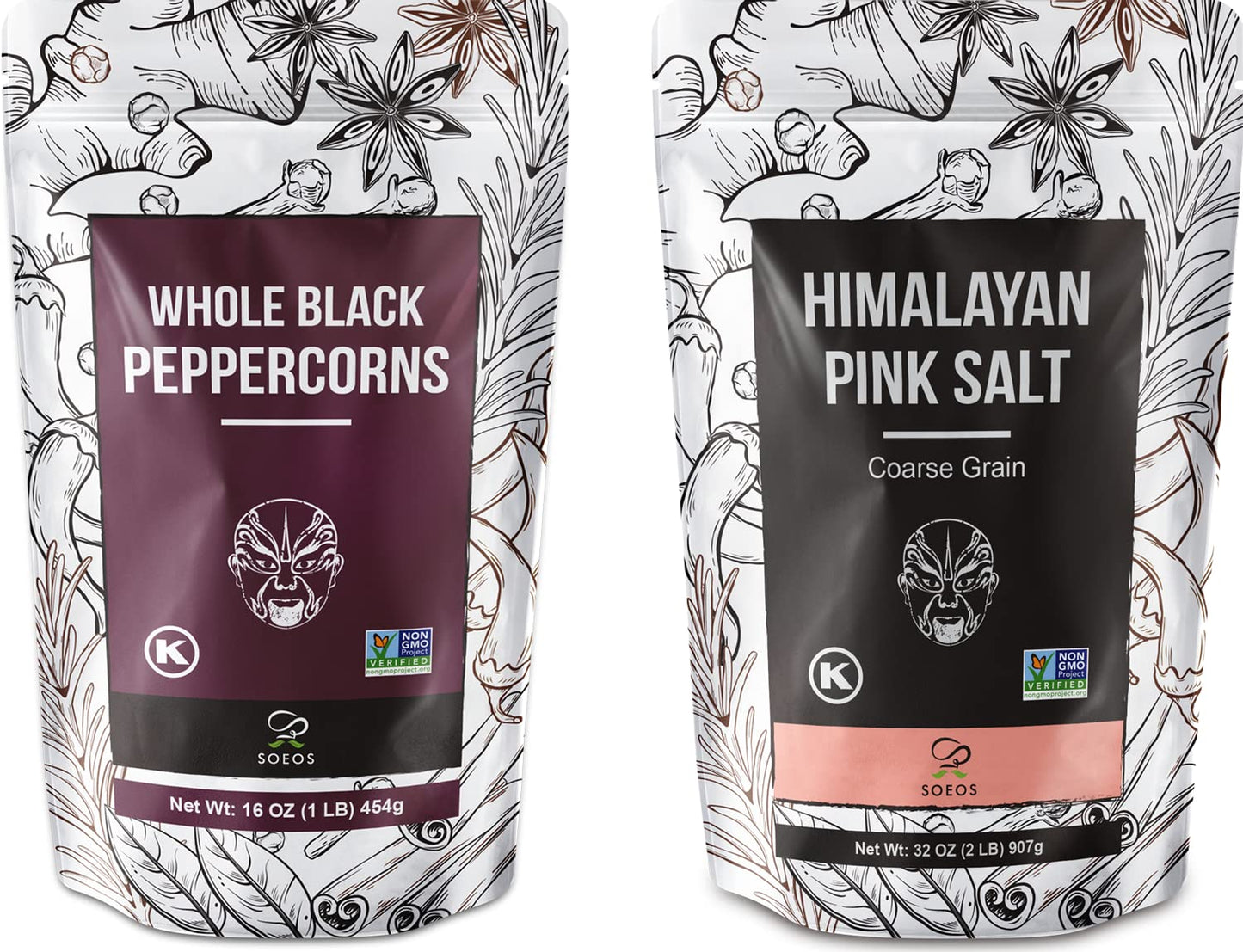 Soeos Whole Black Peppercorns 16Oz + Himalayan Pink Salt 2Lb, Salt And Pepper For Grinders, Black Peppercorn Refil, Pink Himalayan Sea Salt, 2 Piece Set