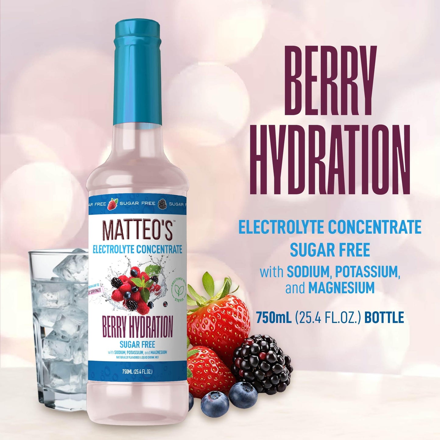 Matteos Sugar-Free Electrolyte Drink - Berry Flavor, 25.4 Fl Oz, 6-Pack, Ideal for Hydration and Endurance during Workouts and Heat