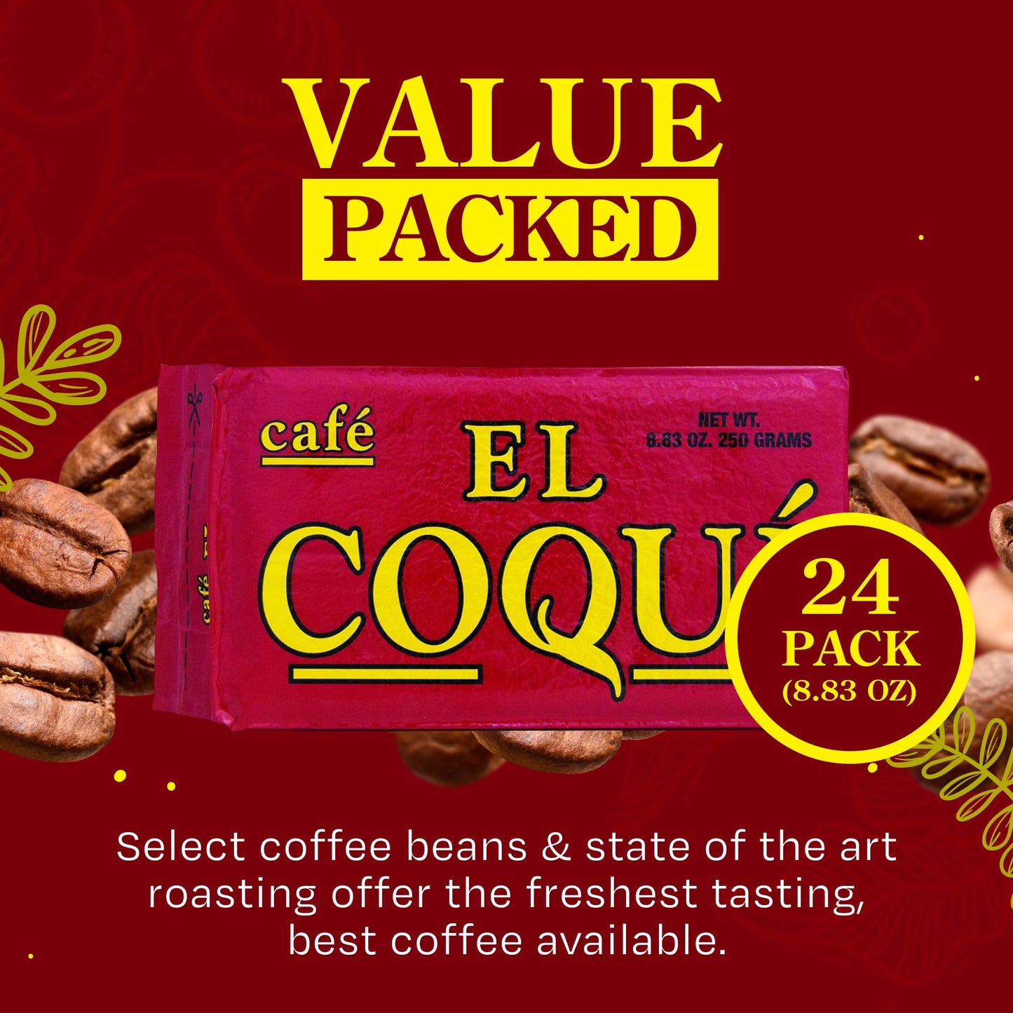 Cafe El Coqui Dark Roast Espresso Ground Coffee, 8.83 oz (Pack of 24), Authentic Puerto Rican Style, Vacuum Sealed