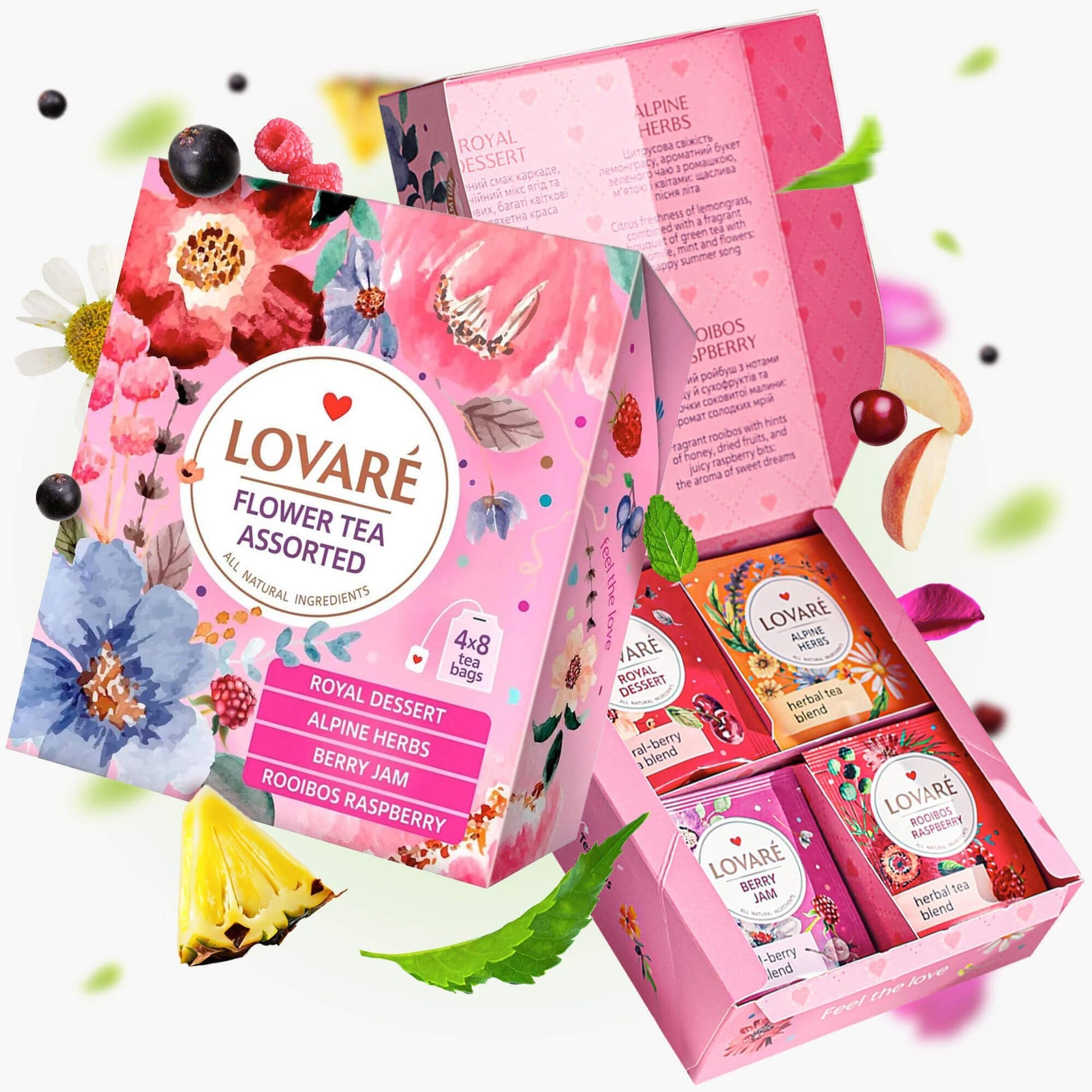 LOVARE Flower Assorted Tea Variety Pack 32 Pack, 4 Tastes - Made in Ukraine - Tea Bags Individually Wrapped - Royal Dessert, Alp
