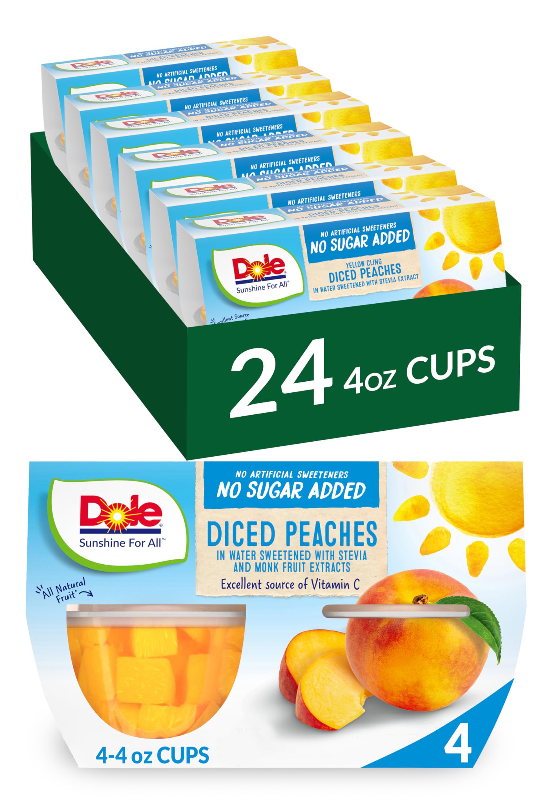 Dole Fruit Bowls No Sugar Added Snacks, Diced Peaches 4oz 24 Cups, Gluten & Dairy Free, Bulk Lunch Snacks for Kids & Adults