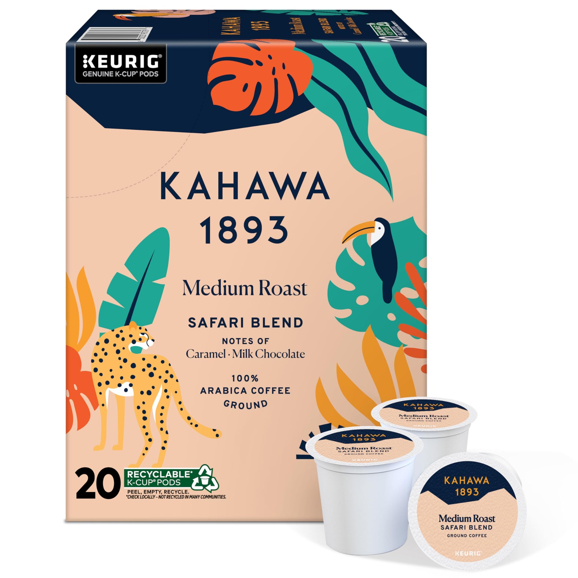 KAHAWA 1893 Medium Roast Coffee K-Cup Pods - Safari Blend, 20 Count, Naturally Sweet, Organic, Ethically Sourced
