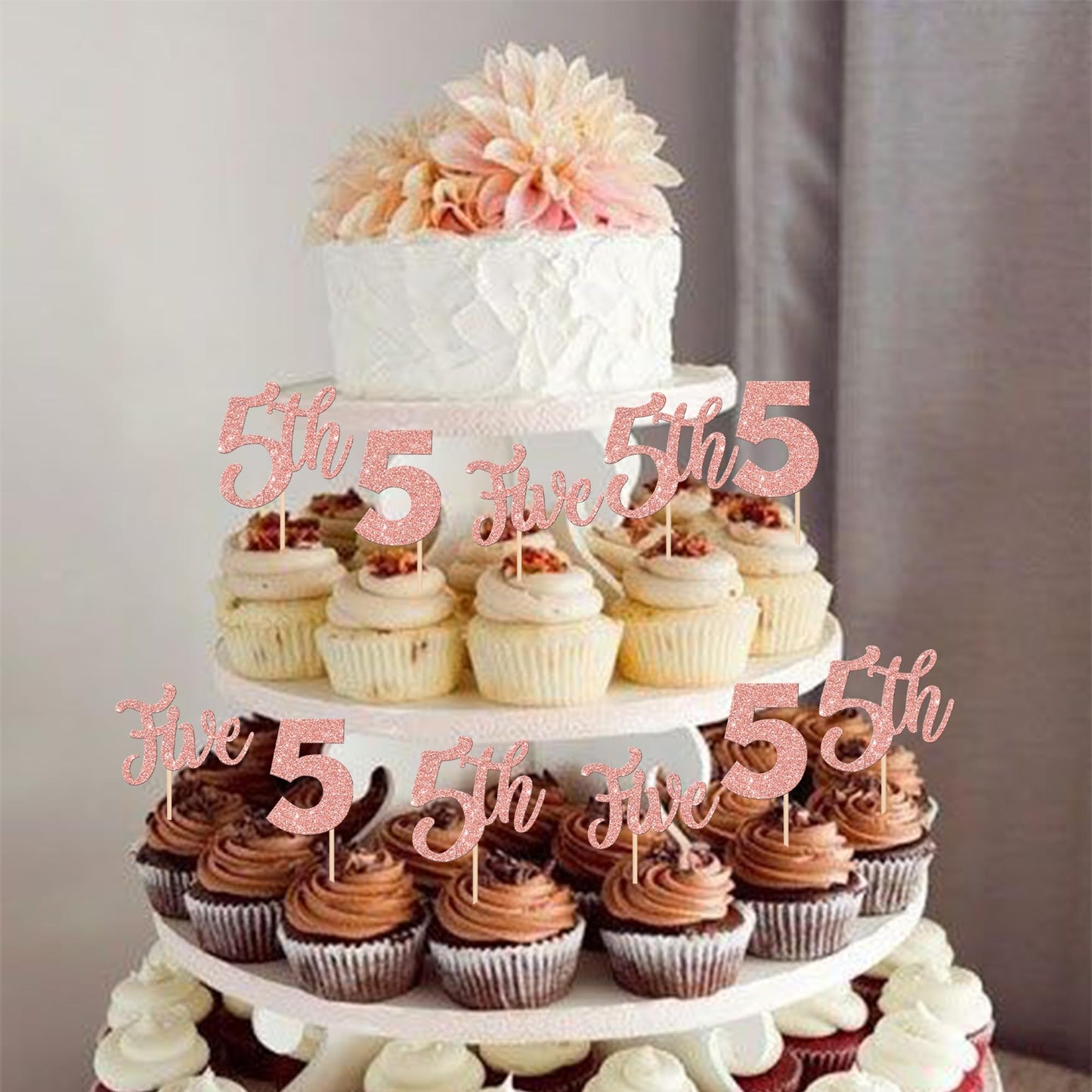 24 Pcs Five Cupcake Toppers Glitter 5Th Birthday Cupcake Picks Number 5 Cupcake Decorations For Baby Shower Kids 5Th Birthday An