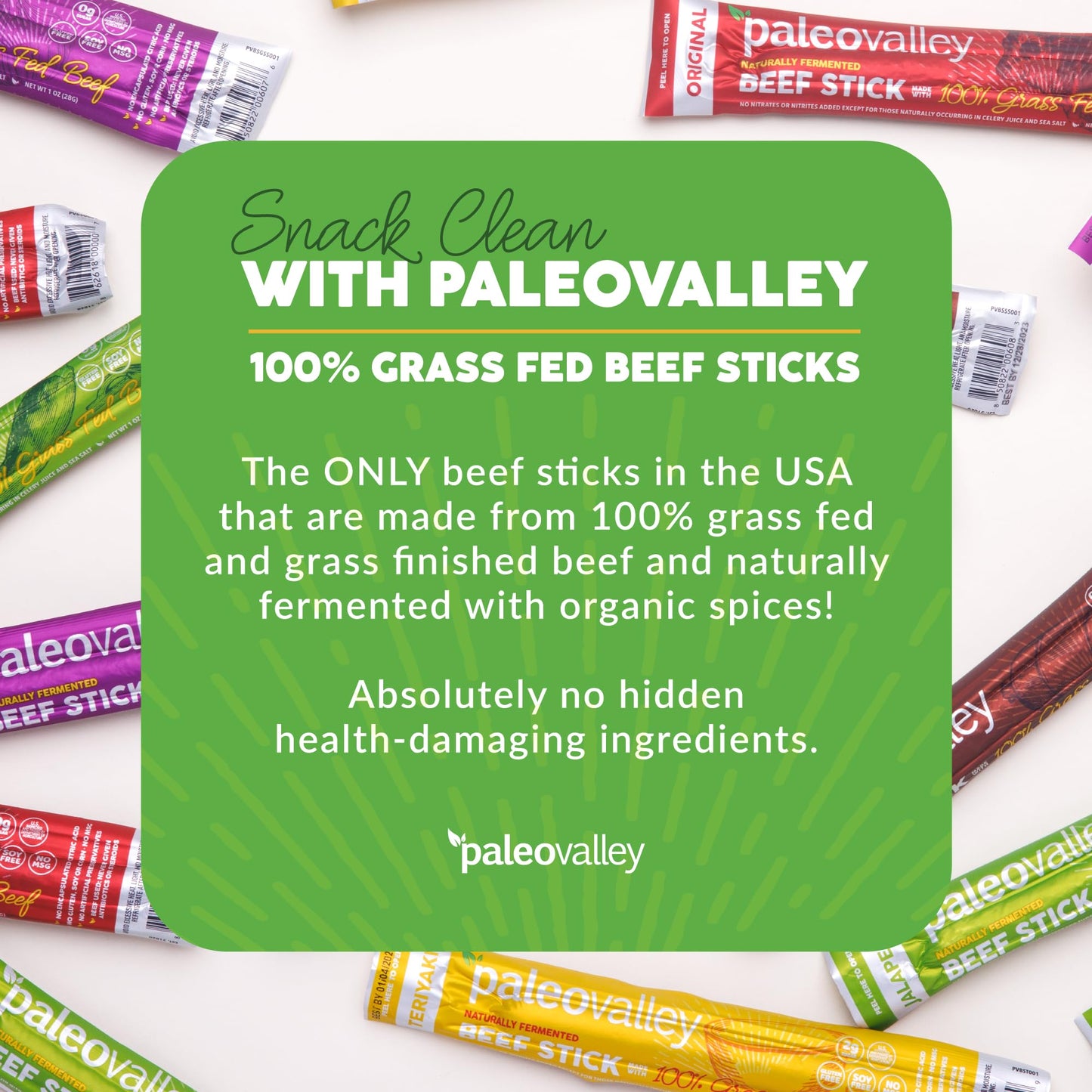 Paleovalley 100% Grass Fed Beef Sticks - Delicious Gluten Free Beef Snack - High Protein Keto Friendly, 50 Count Variety Pack