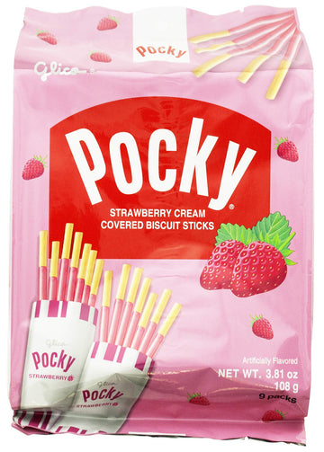 Glico Pocky, Strawberry Cream Covered Biscuit Sticks, 9 Individual Packs, 3.81 Ounce Bag - 5 Count Display Box