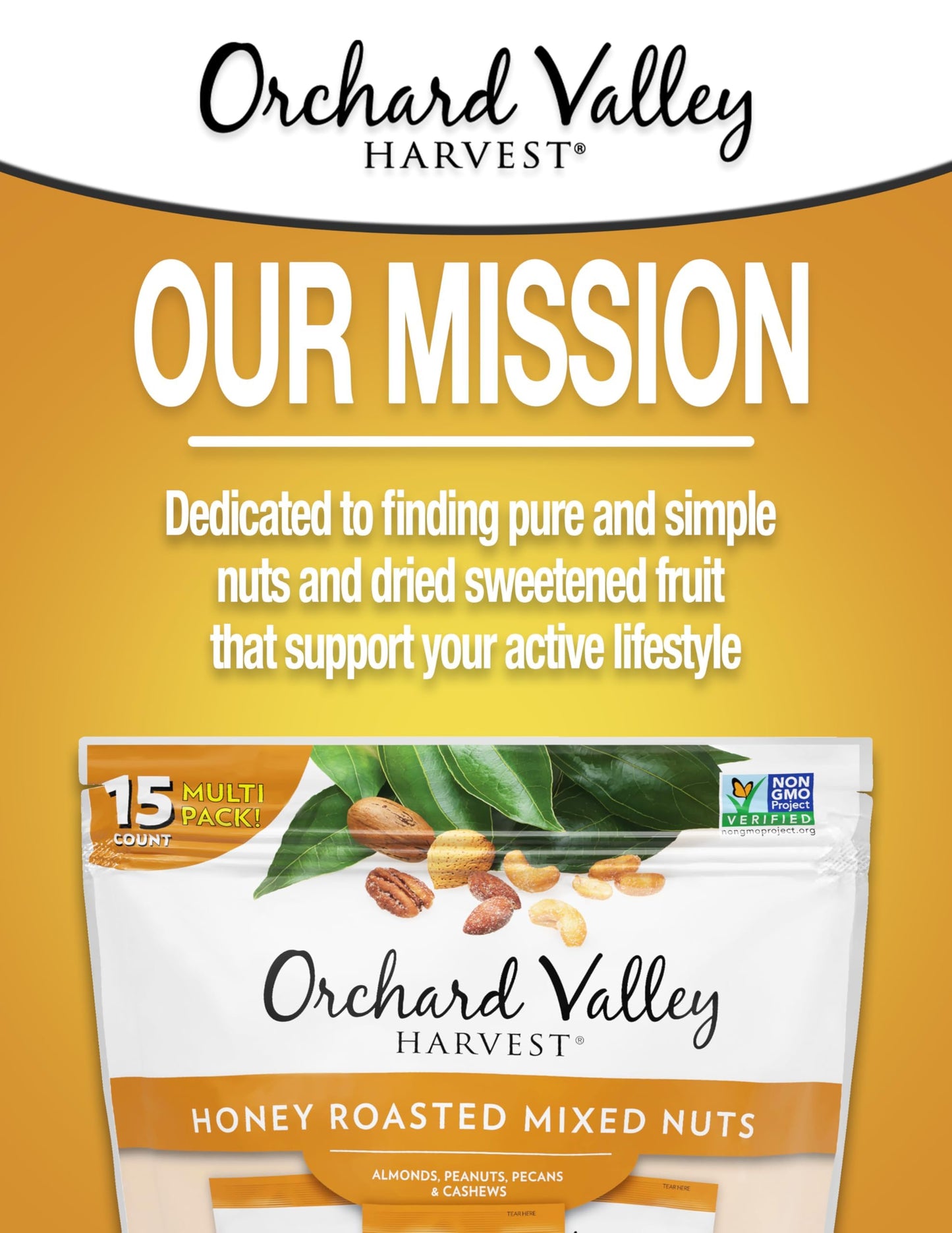Orchard Valley Harvest Honey Roasted Mixed Nuts, 1 Ounce Bags (Pack of 15), Almonds, Peanuts, Pecans, and Cashews, Gluten Free,