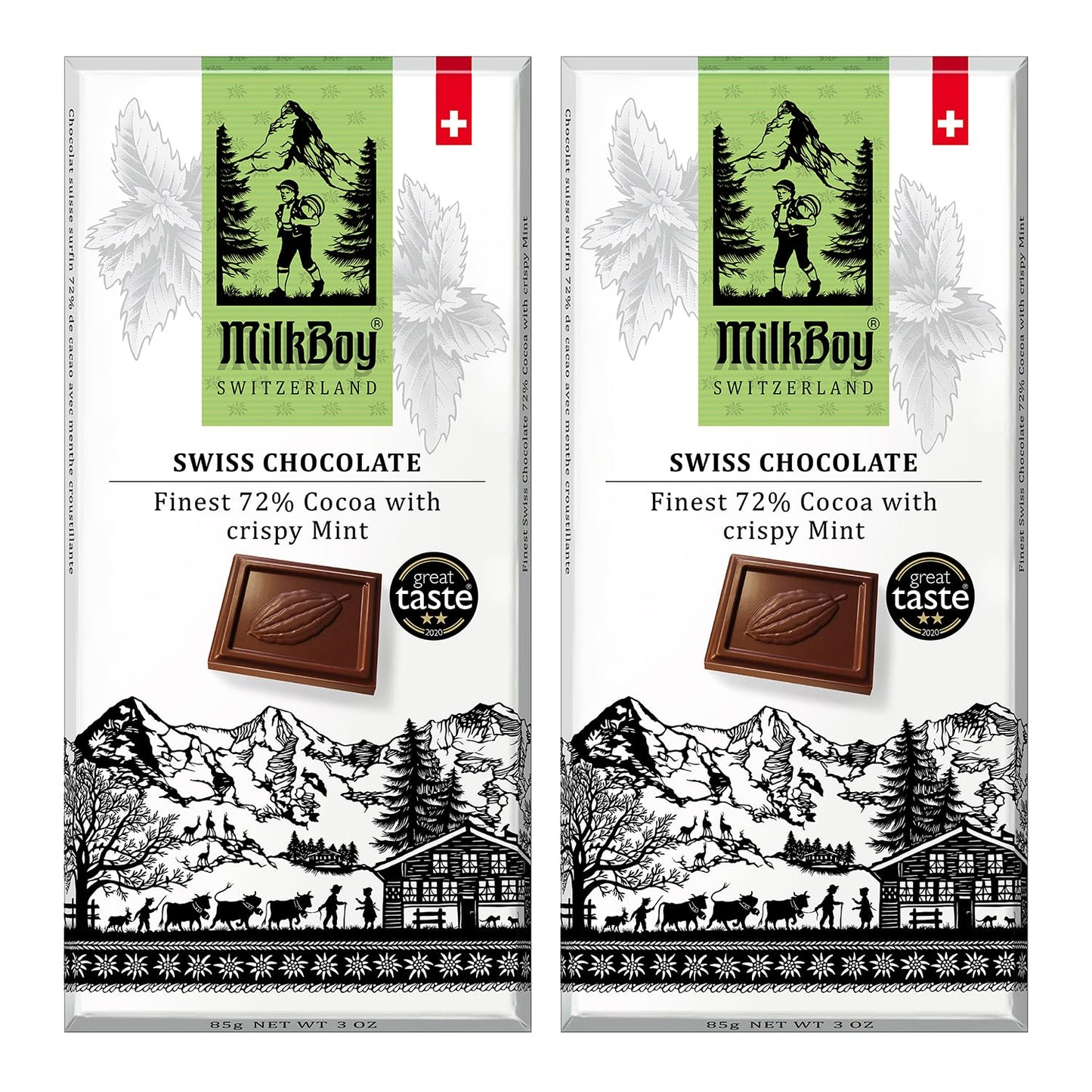 Milkboy Swiss Chocolates Crispy Mint Dark Chocolates - All Natural 72% Cocoa Bars - Made In Switzerland - Dairy Free - Vegan - Gluten Free - Non-Gmo - Kosher - 3 Oz  Pack 2