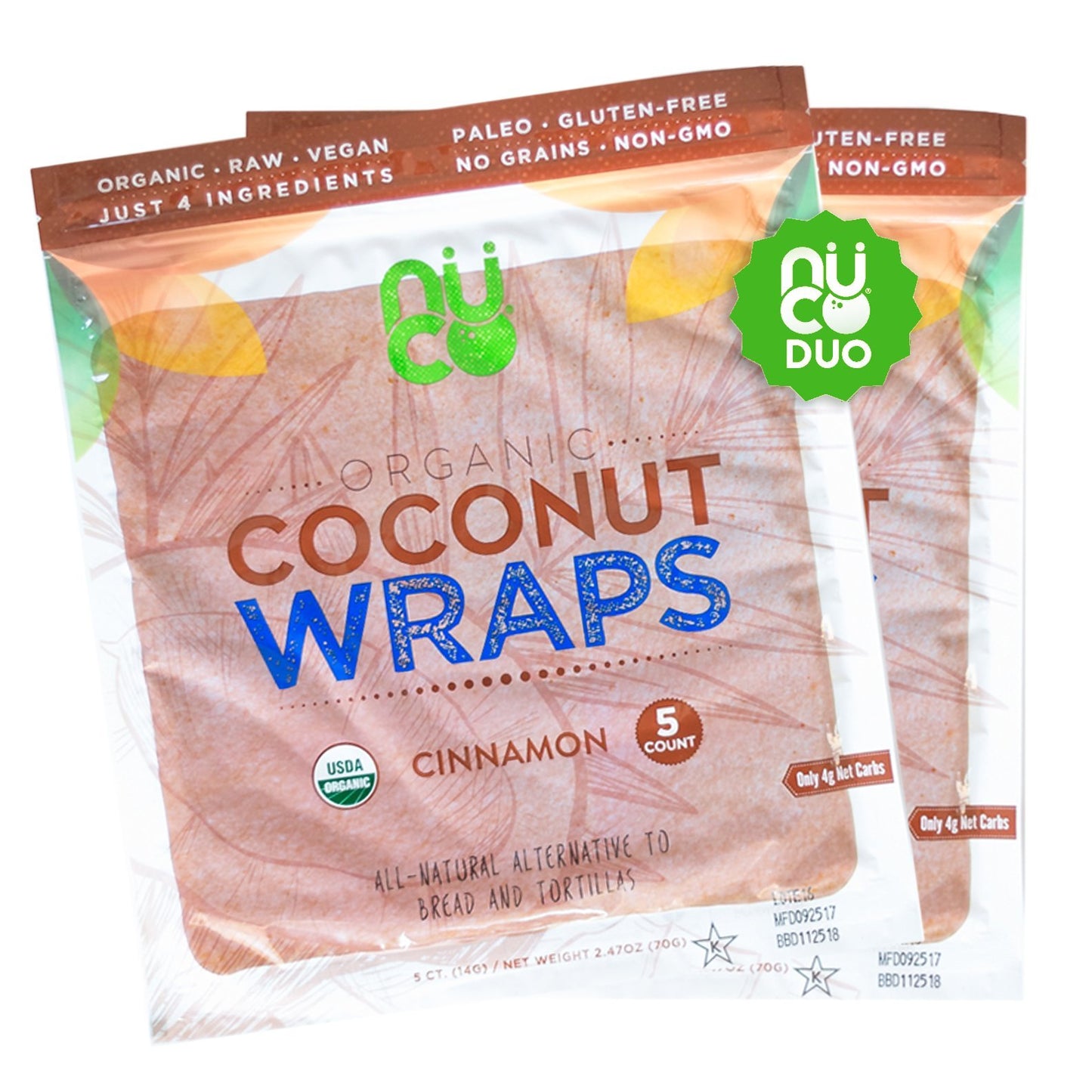 NUCO Coconut Wraps, Cinnamon Flavor, Organic, Vegan, Gluten Free, 2.47 oz (Pack of 2)