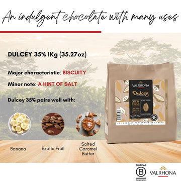 Valrhona Premium French Baking Blonde Chocolate Discs (Feves). Dulcey 35% Cacao. Creamy, Caramel Cookie Flavor Notes. Easy Melt