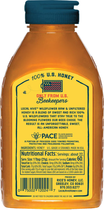 Local Hive Wildflower Raw Unfiltered Honey - 16oz, 100% Pure US Honey, Sourced from American Bees and Beekeepers - Natural Sweet