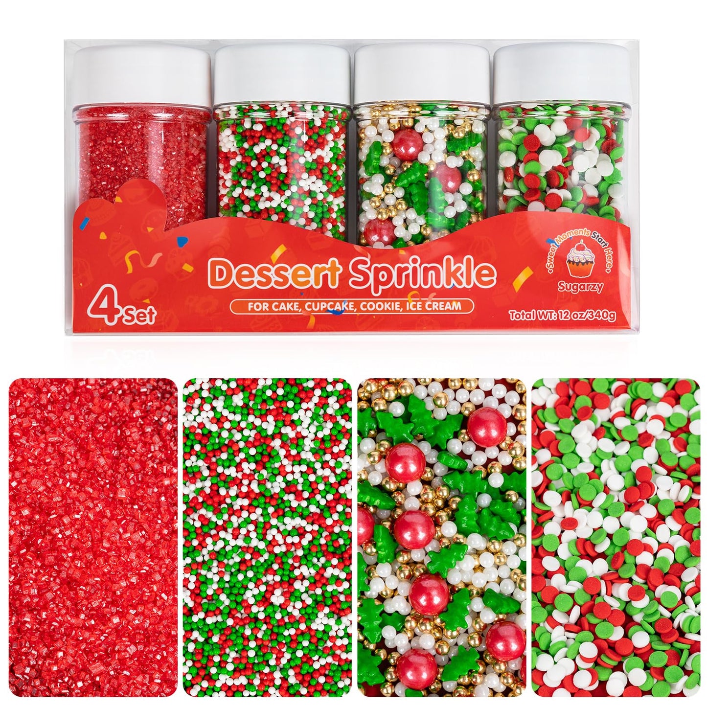Edible Christmas Sprinkles for Cake Decorating,4 Pack 12 oz,Red White Green Gold Pearls and Christmas Confetti Trees Candy,Nonpa