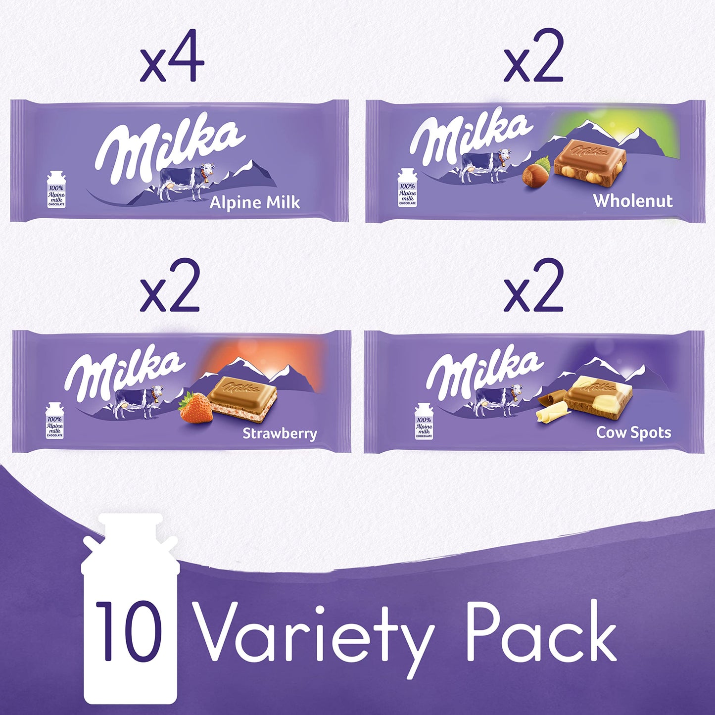 Milka Chocolate Bars Variety Pack, Alpine Milk, Cow Spots, Strawberry & Hazelnut, 10 Count