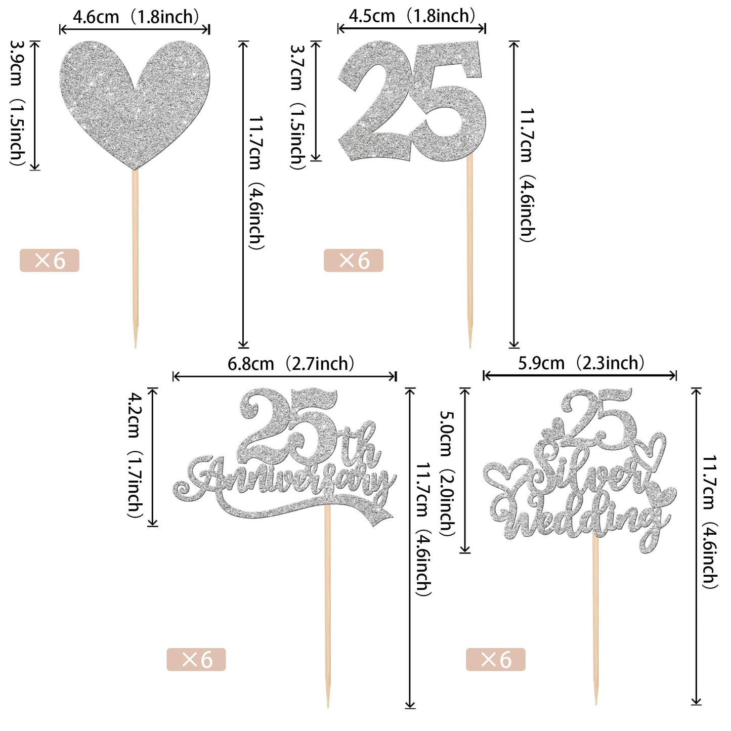 ZHUOWEISM 24 PCS Cupcake Toppers Glitter Heart 25th Anniversary Cake Decorations Design 1 Paper