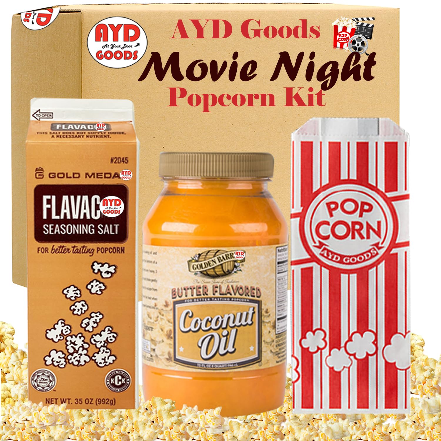 AYD Goods Popcorn Kit - Butter Flavored Coconut Oil 32oz, Seasoning Salt 35oz, 20 Popcorn Bags