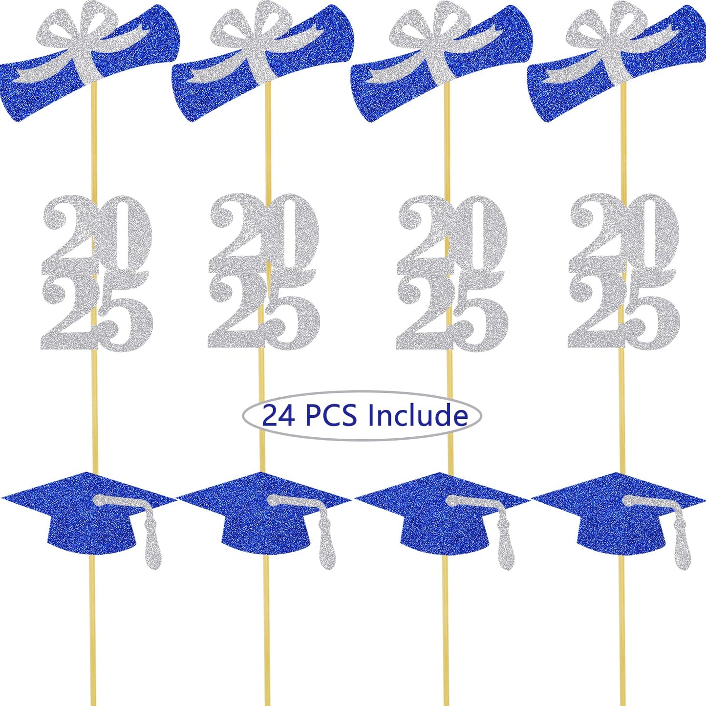 DOMOO OF DREAMS Graduation Cupcake Toppers 24 PCS Blue Silver Glitter Diploma Cap School Colors